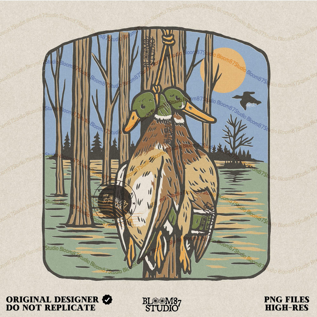 Illustration of two mallard ducks hanging from a tree in a flooded timber swamp at sunset, designed for duck hunting-themed sublimation and lodge decor.