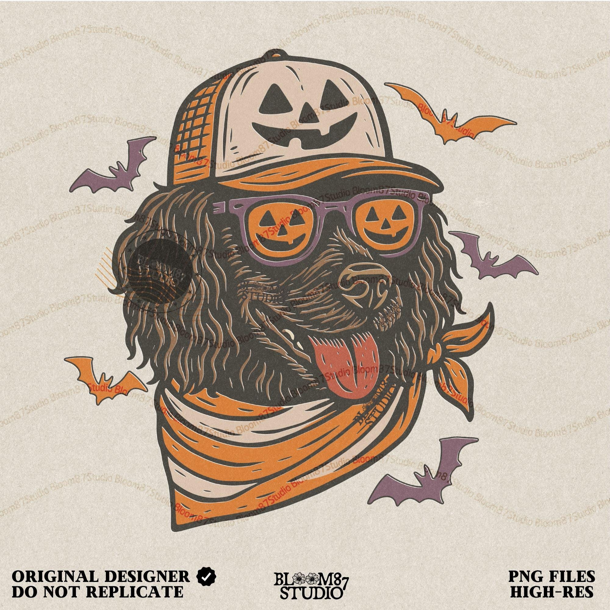 Boykin Spaniel dog wearing pumpkin sunglasses and Halloween hat with bats flying around, spooky sublimation PNG design for fall shirts
