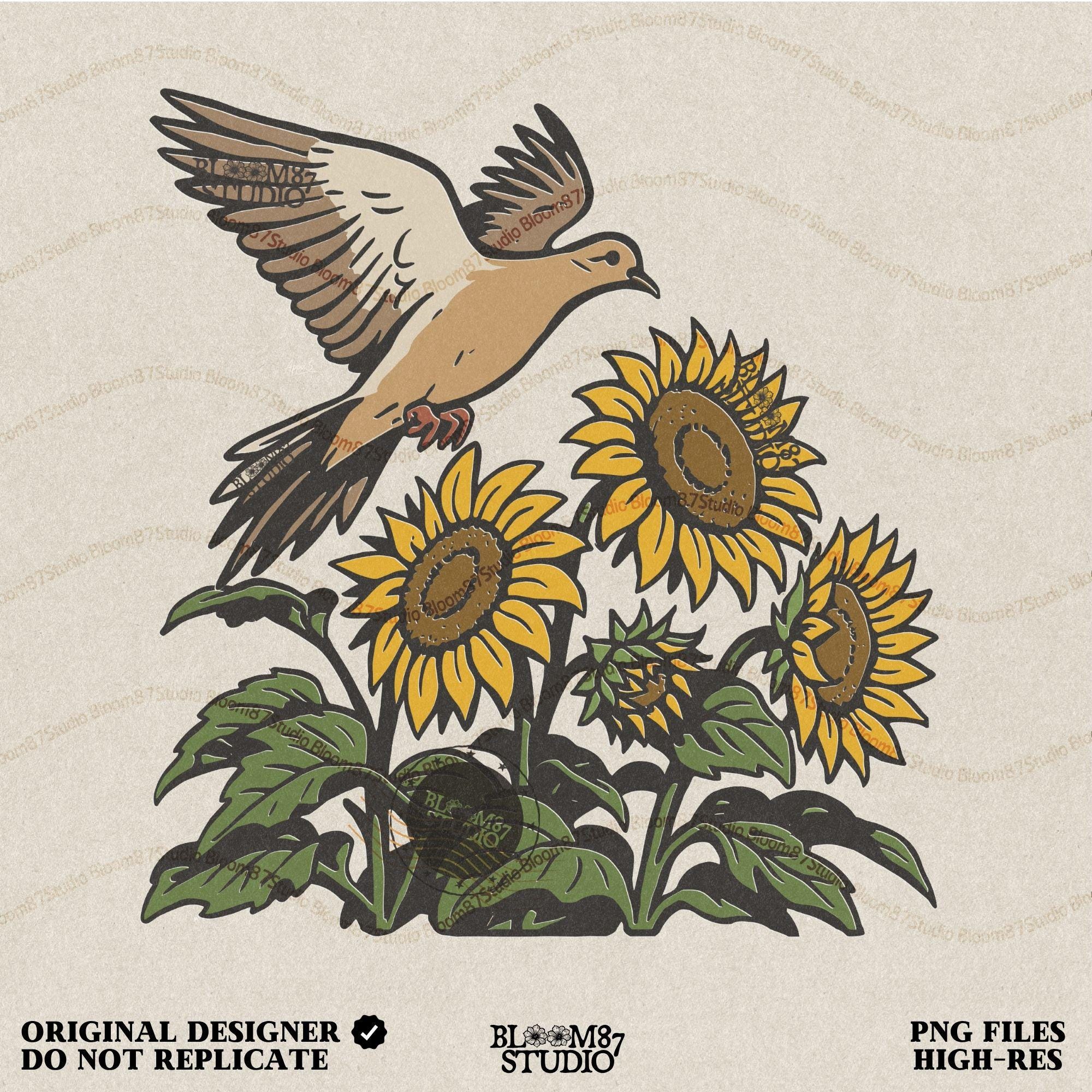 Mourning dove flying above blooming sunflowers with green leaves. Rustic sublimation PNG design for fall and country-themed crafts.