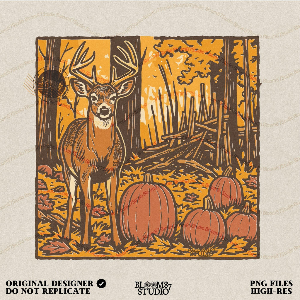 Fall Deer & Pumpkins PNG: Rustic Autumn Sublimation Design (Digital Download