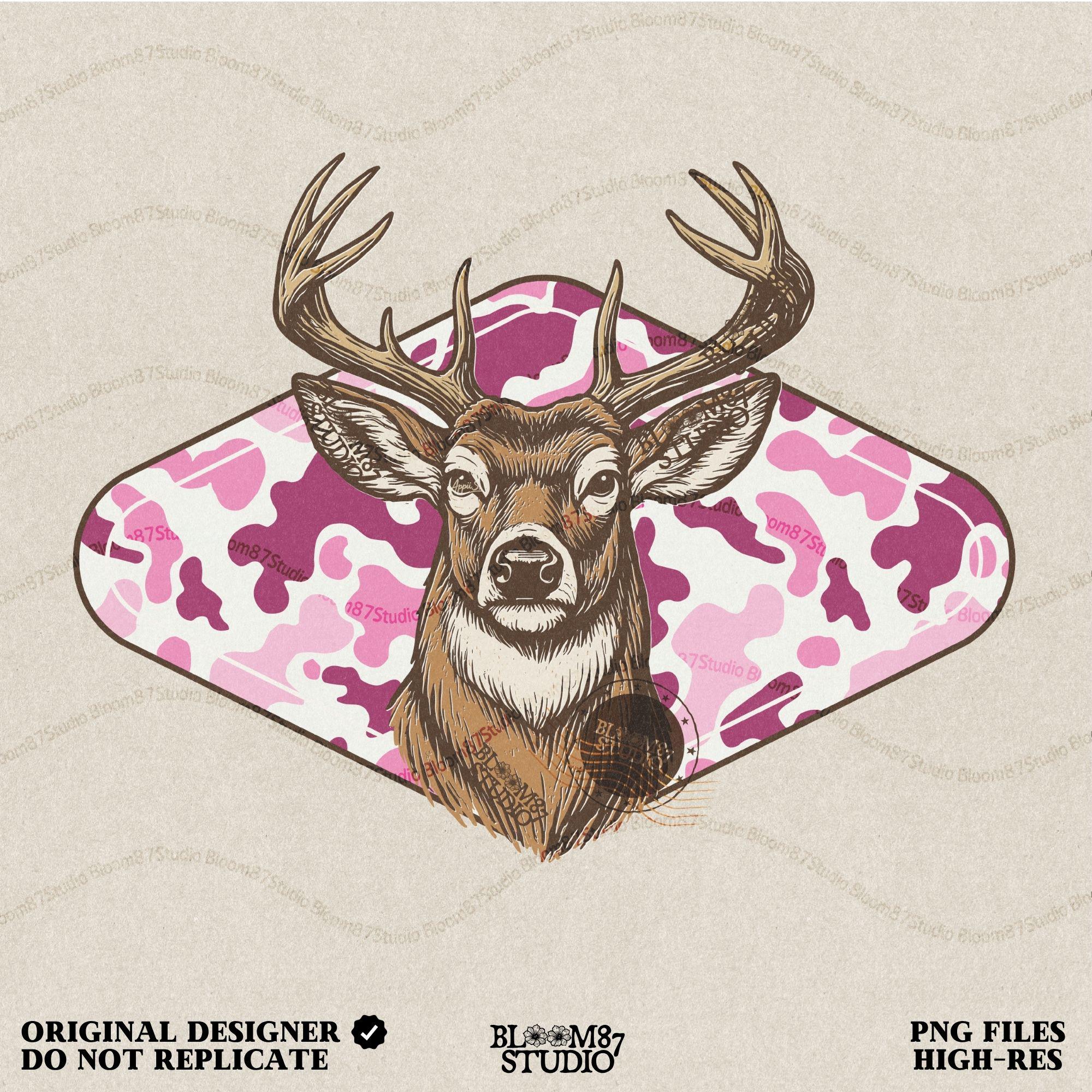 Whitetail deer with antlers over pink camo background – rustic girl hunter sublimation design.