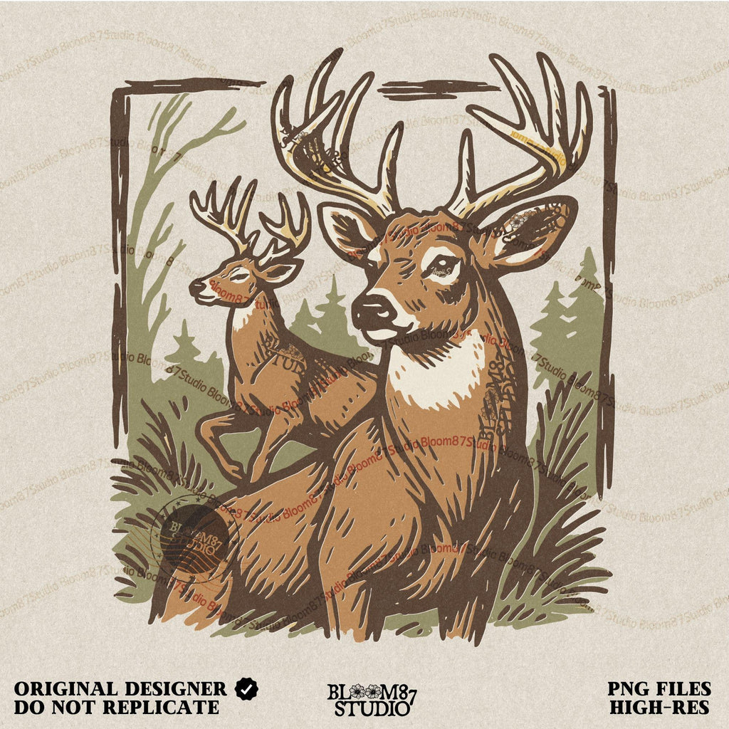 Hand-drawn illustration of two whitetail deer bucks in a forest, one seated and one alert in the background.