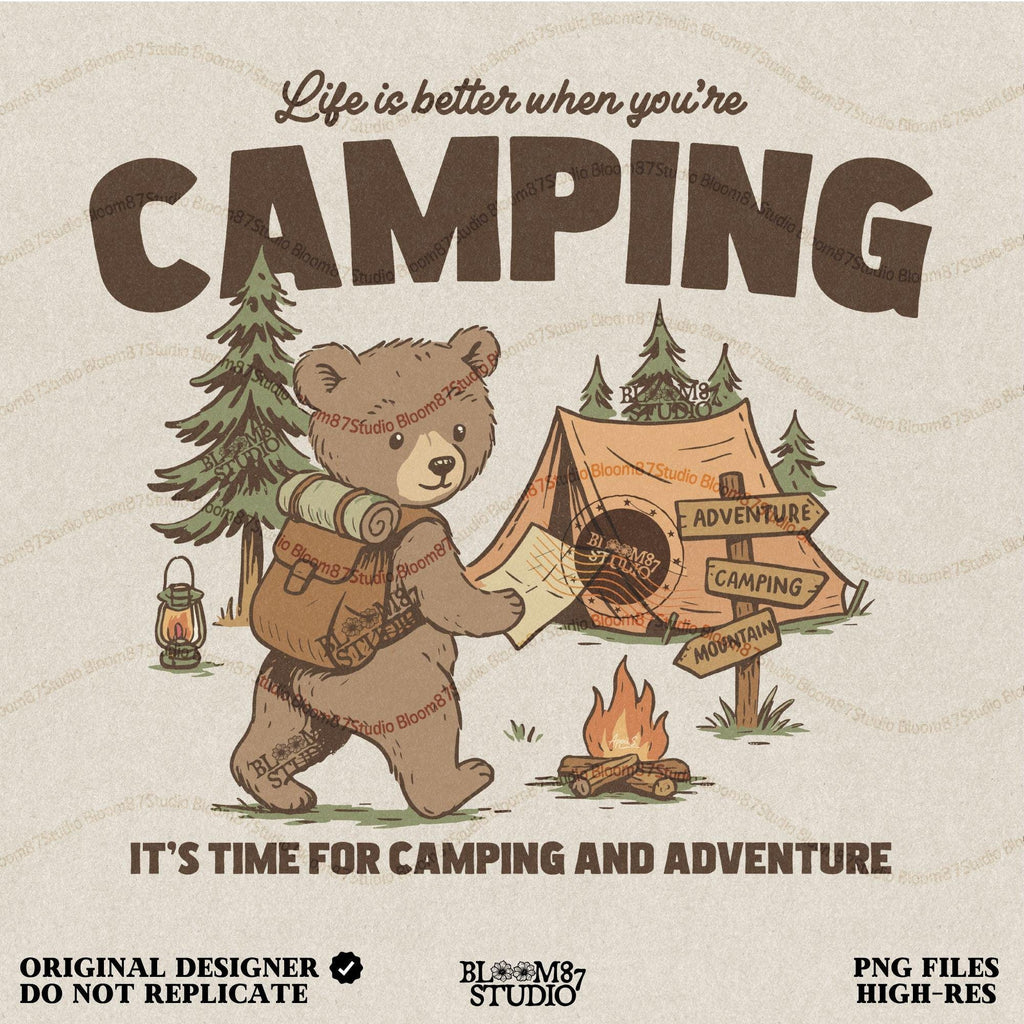 Cute bear with a backpack and camping map standing by a tent, campfire, and wooden adventure signs in a forest scene.