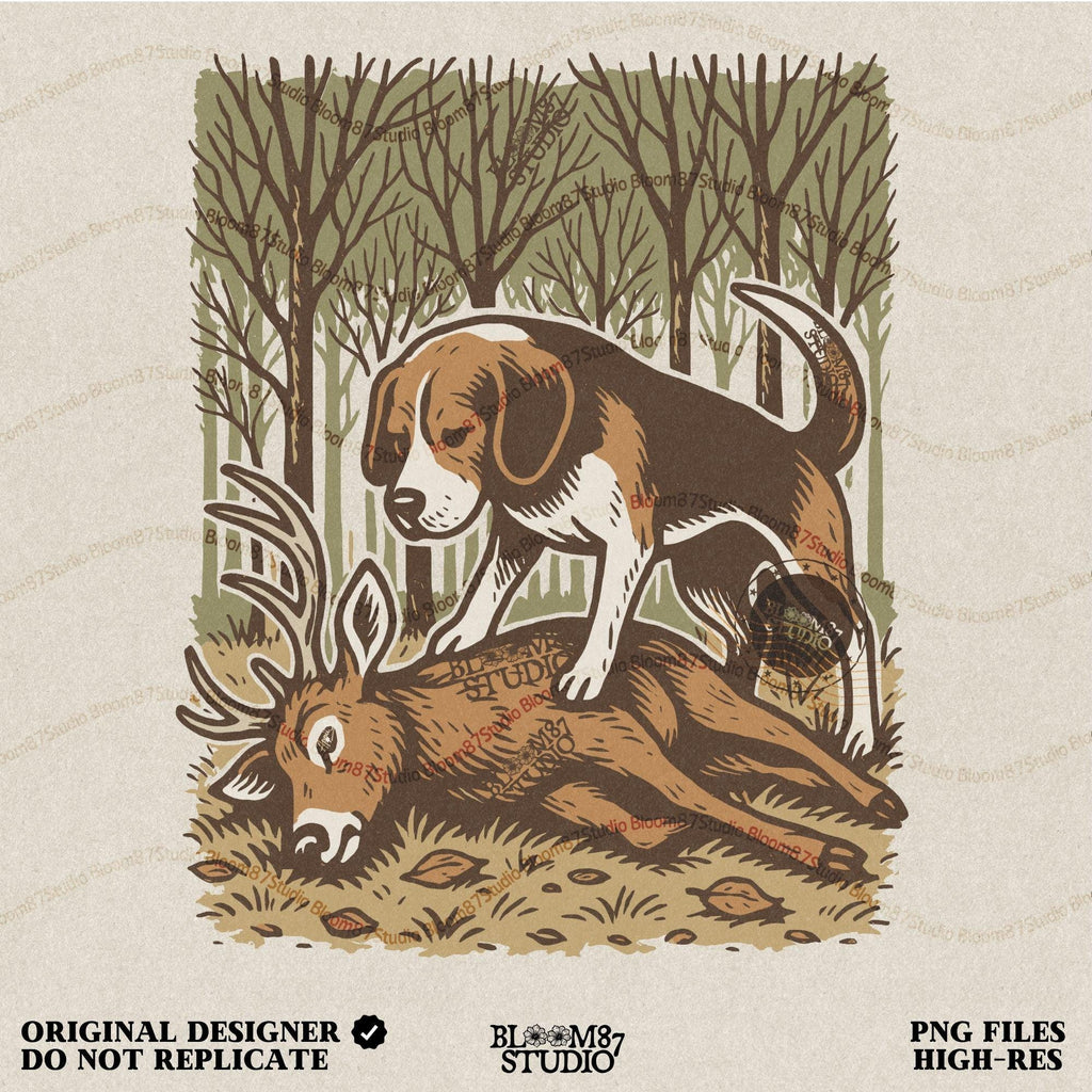 Beagle hunting dog standing over a fallen deer in an autumn forest, rustic clipart perfect for hunting-themed designs and outdoors projects.