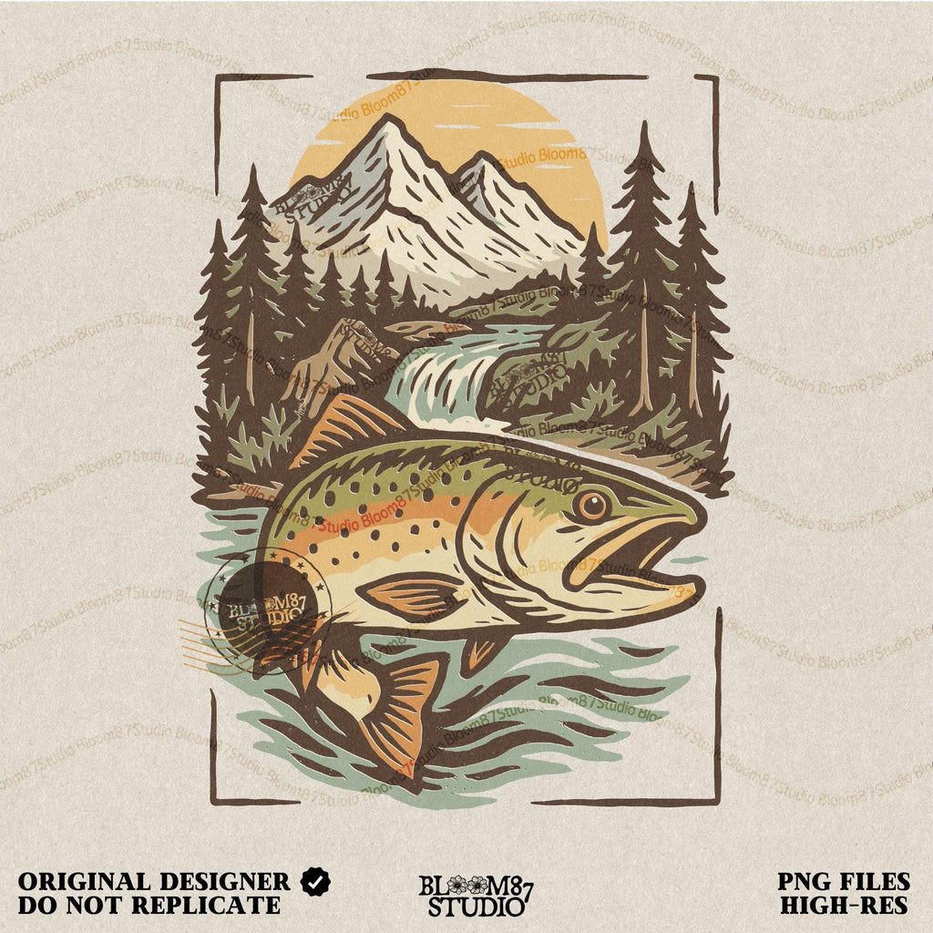 Colorful trout leaping in front of a scenic mountain river with pine trees and a waterfall at sunset, perfect for summer fishing designs.