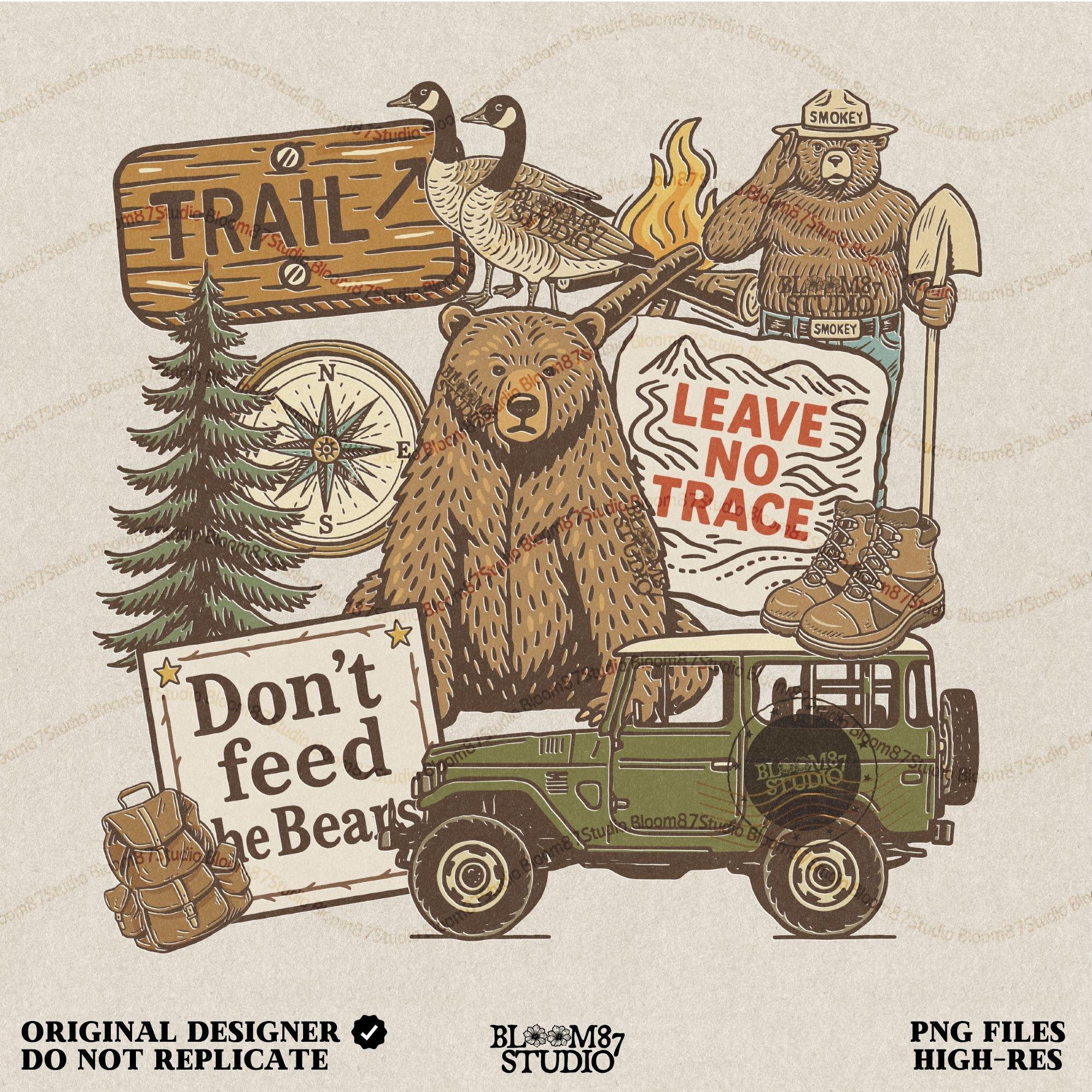 Illustration of a camping-themed collage featuring a grizzly bear, “Leave No Trace” sign, Smokey the Bear, trail sign, compass, boots, a green jeep, and forest scenery.