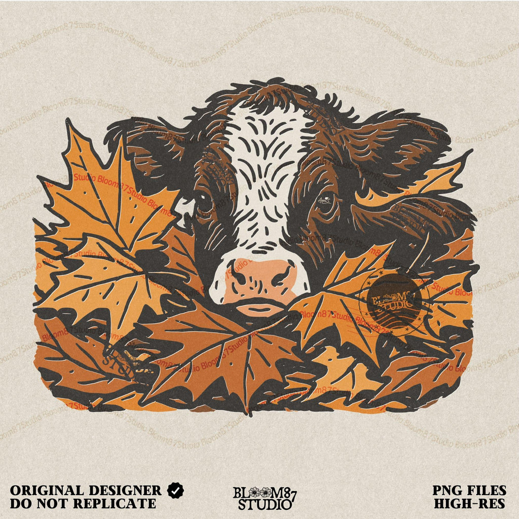 Cute brown and white highland calf resting in a pile of orange and brown fall maple leaves, perfect for autumn sublimation projects