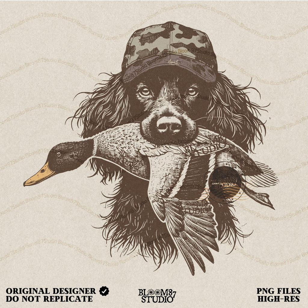 May include: A white t-shirt with a brown and black dog wearing a camouflage hat and holding a duck in its mouth. The dog is surrounded by a brown and black background.