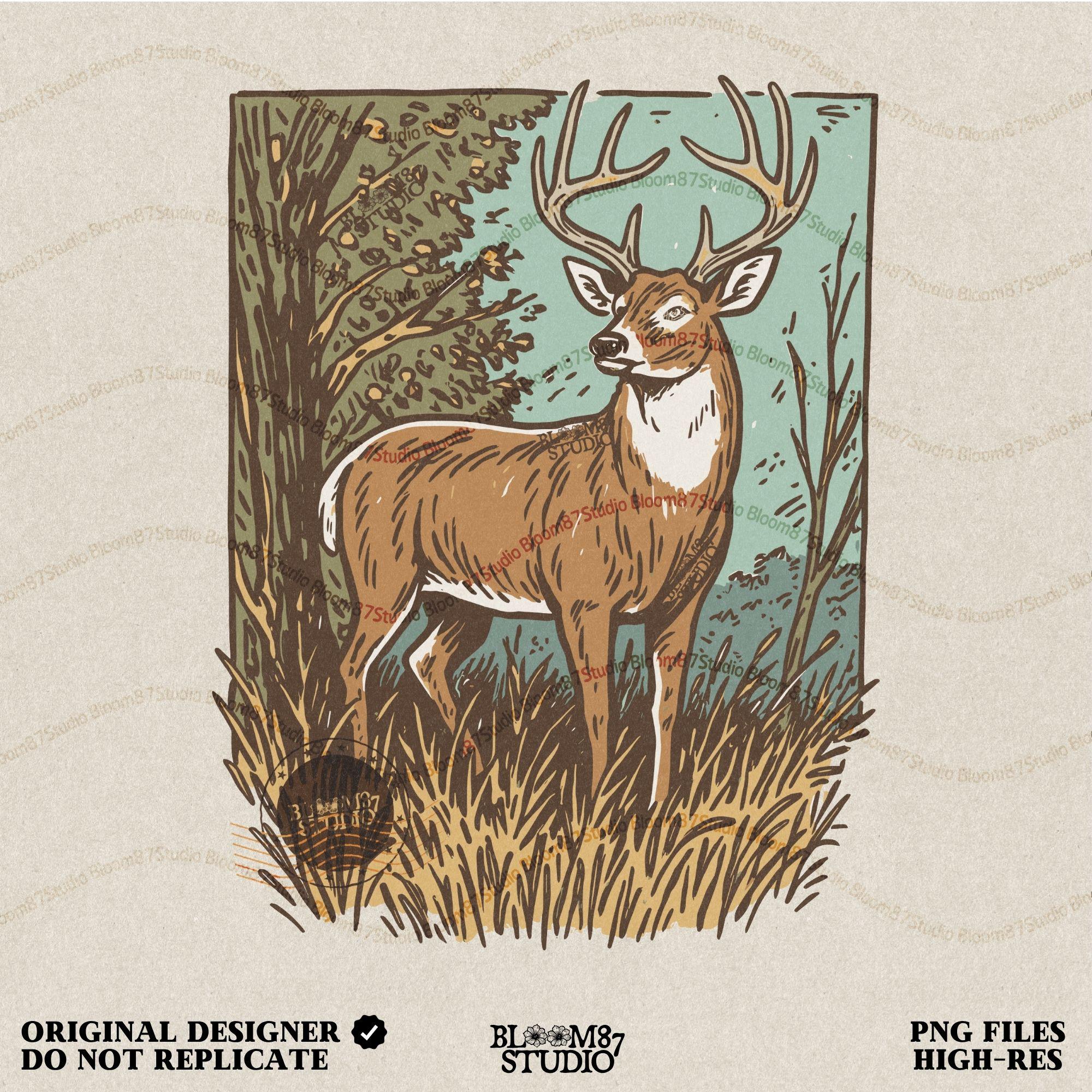 Whitetail buck illustration in tall grass and fall forest, rustic hunting PNG clipart for outdoor crafting.