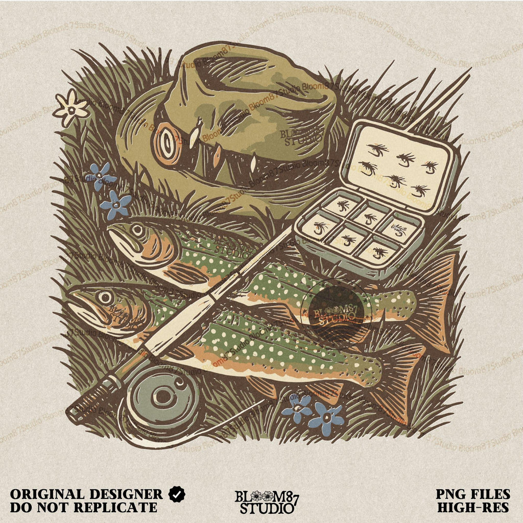 Vintage fly fishing illustration showing two trout, a fly rod, fisherman’s hat, and fly box on grassy ground with wildflowers.