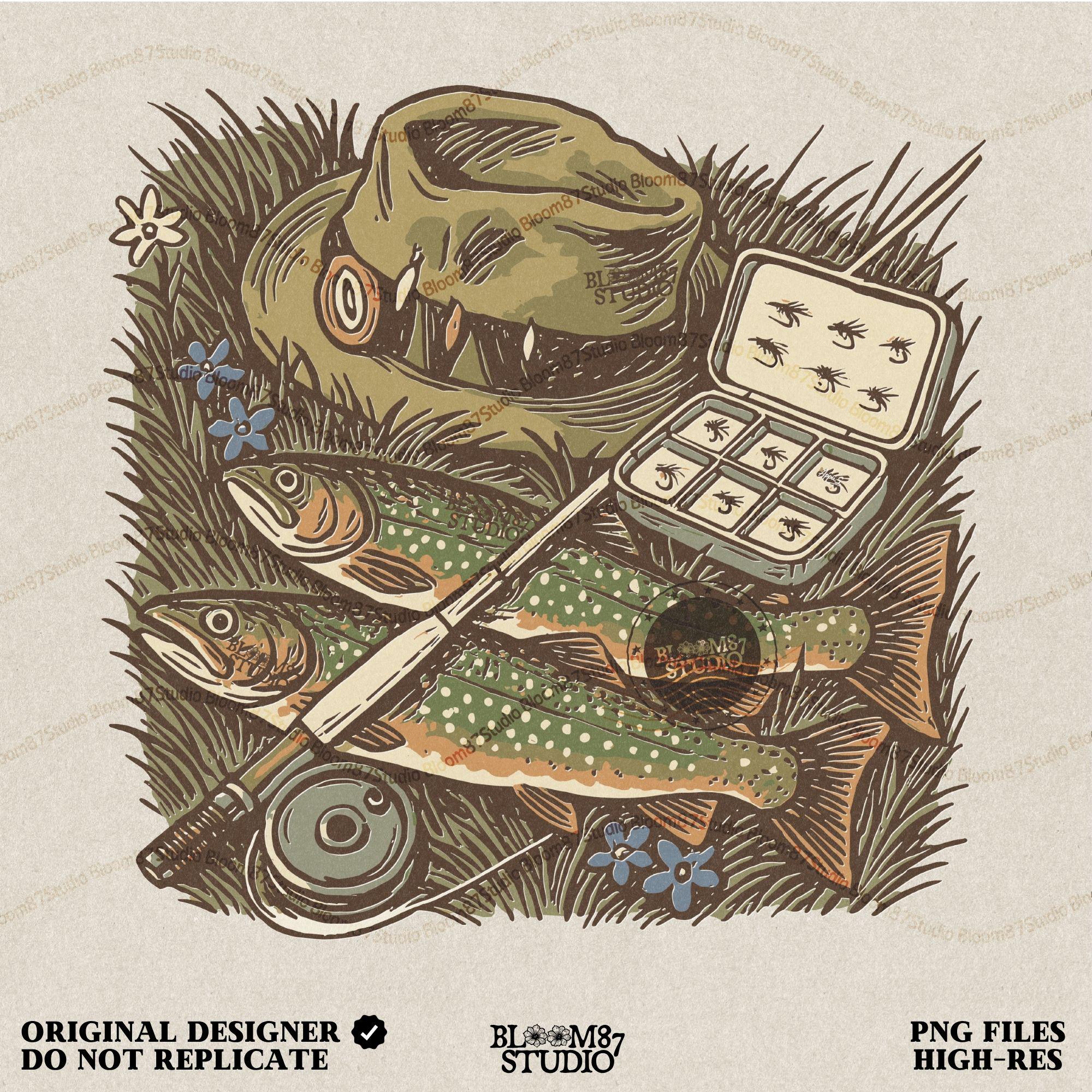Vintage fly fishing illustration showing two trout, a fly rod, fisherman’s hat, and fly box on grassy ground with wildflowers.