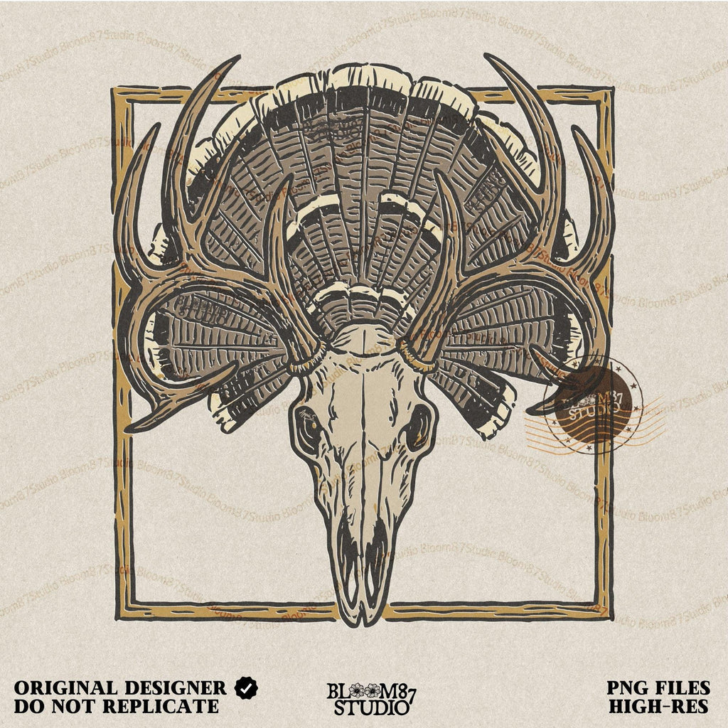 Illustration of a deer skull with antlers set in front of a fanned turkey tail and framed in a rustic square border