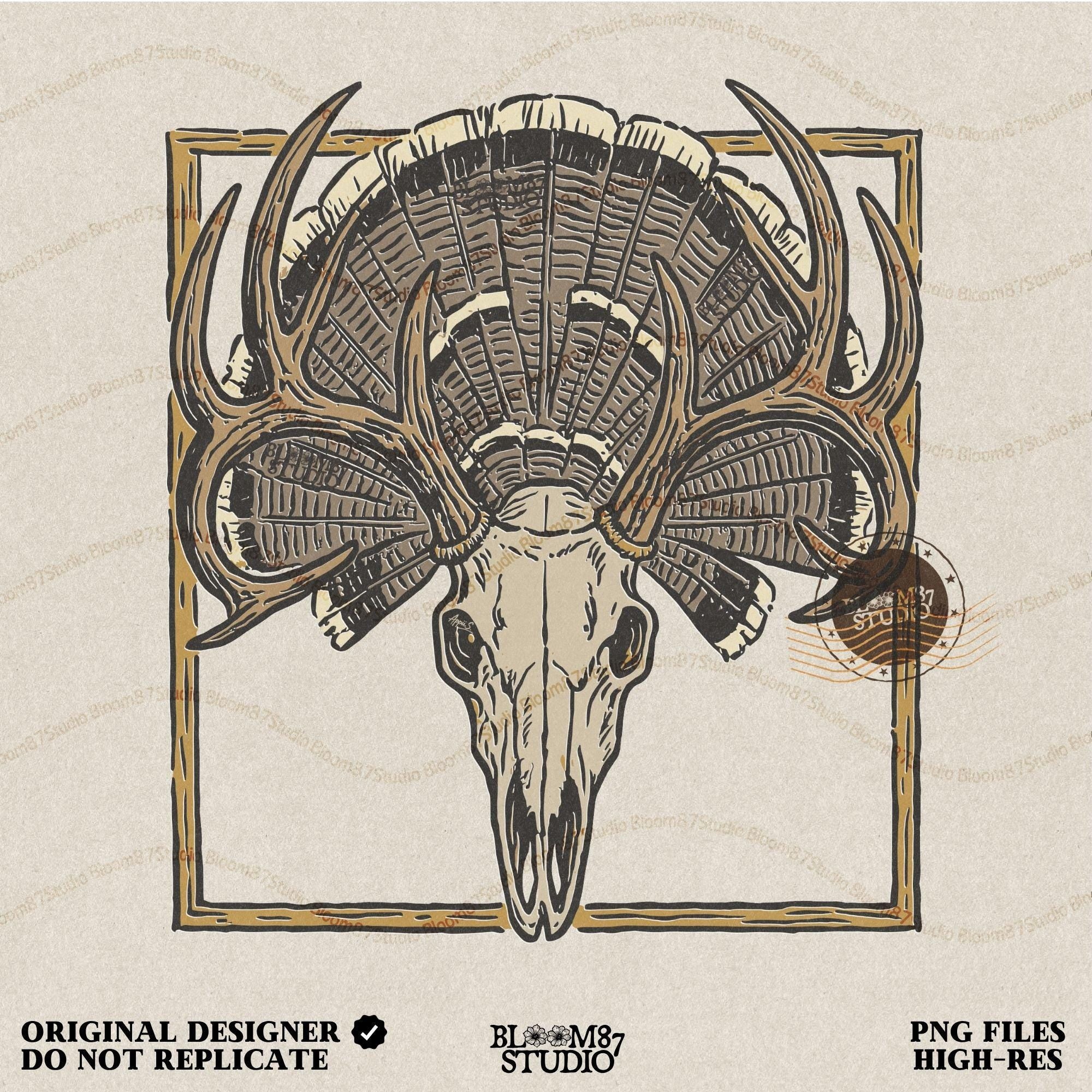Illustration of a deer skull with antlers set in front of a fanned turkey tail and framed in a rustic square border