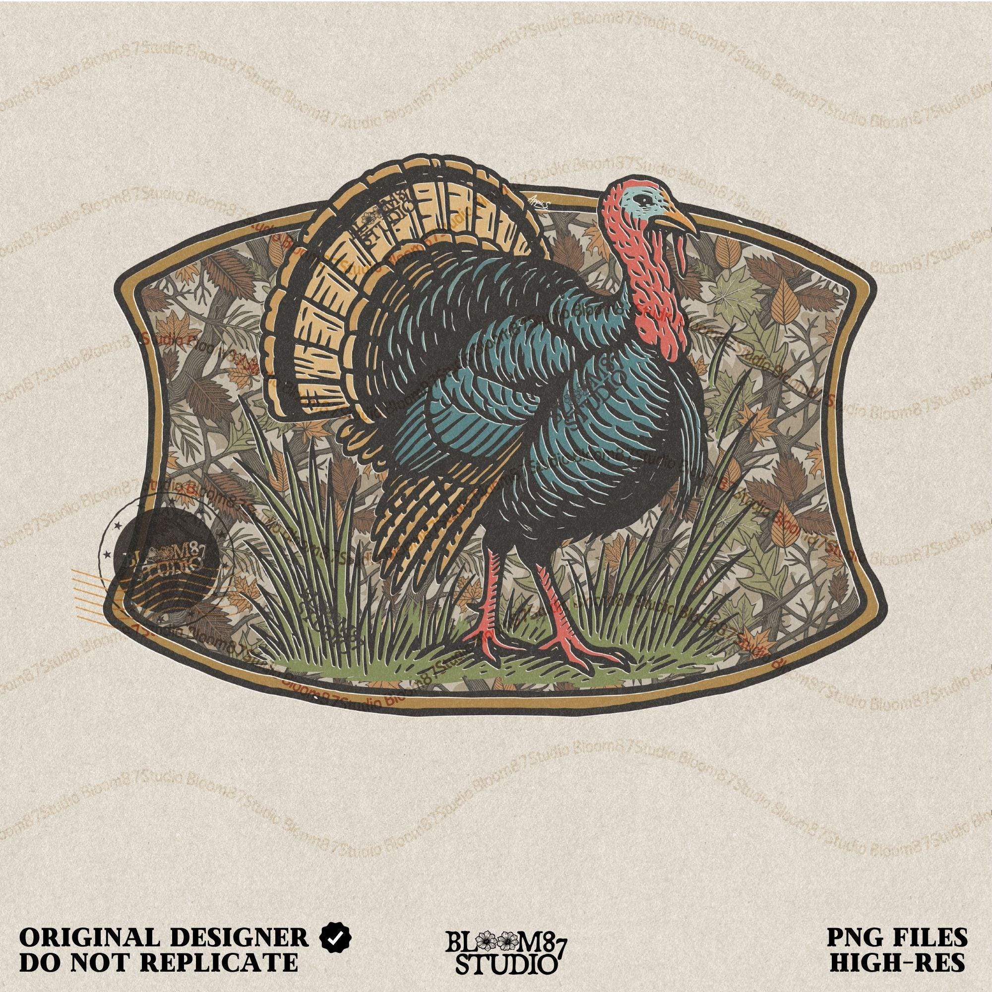 Illustration of a strutting wild turkey in front of a detailed fall camouflage background with brown and orange leaves, designed for sublimation on hunting shirts and Thanksgiving outdoor gear.