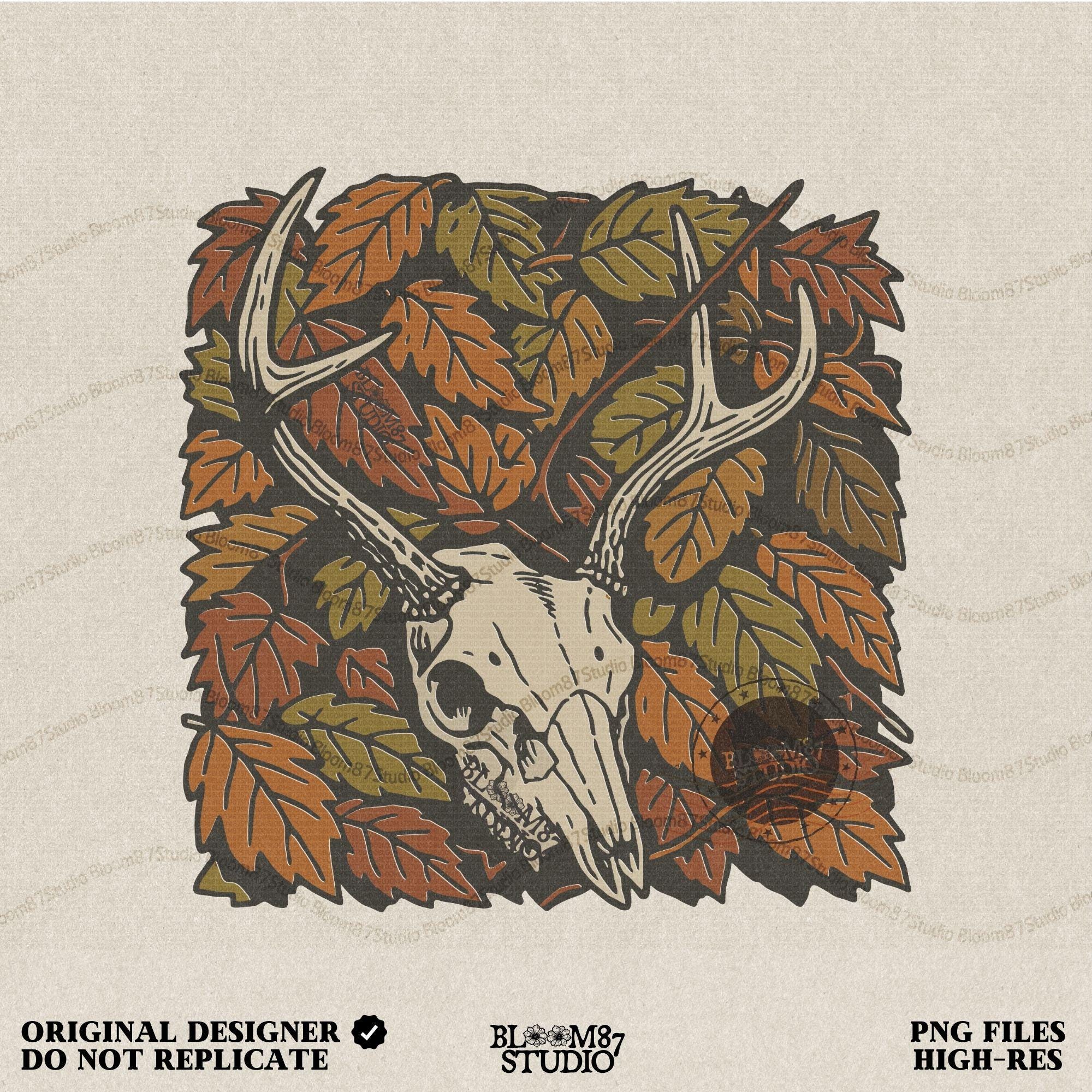 Deer skull with antlers surrounded by autumn leaves, rustic fall hunting sublimation PNG design.