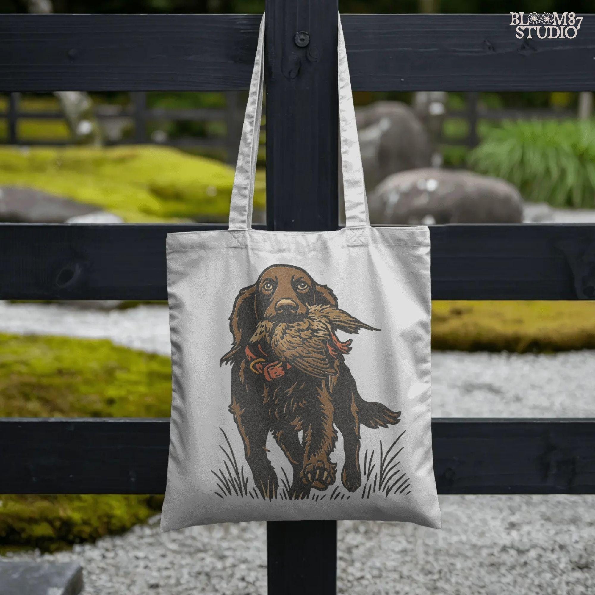 Illustration of a hunting retriever dog carrying a game bird in its mouth, rustic upland hunting sublimation PNG design.
