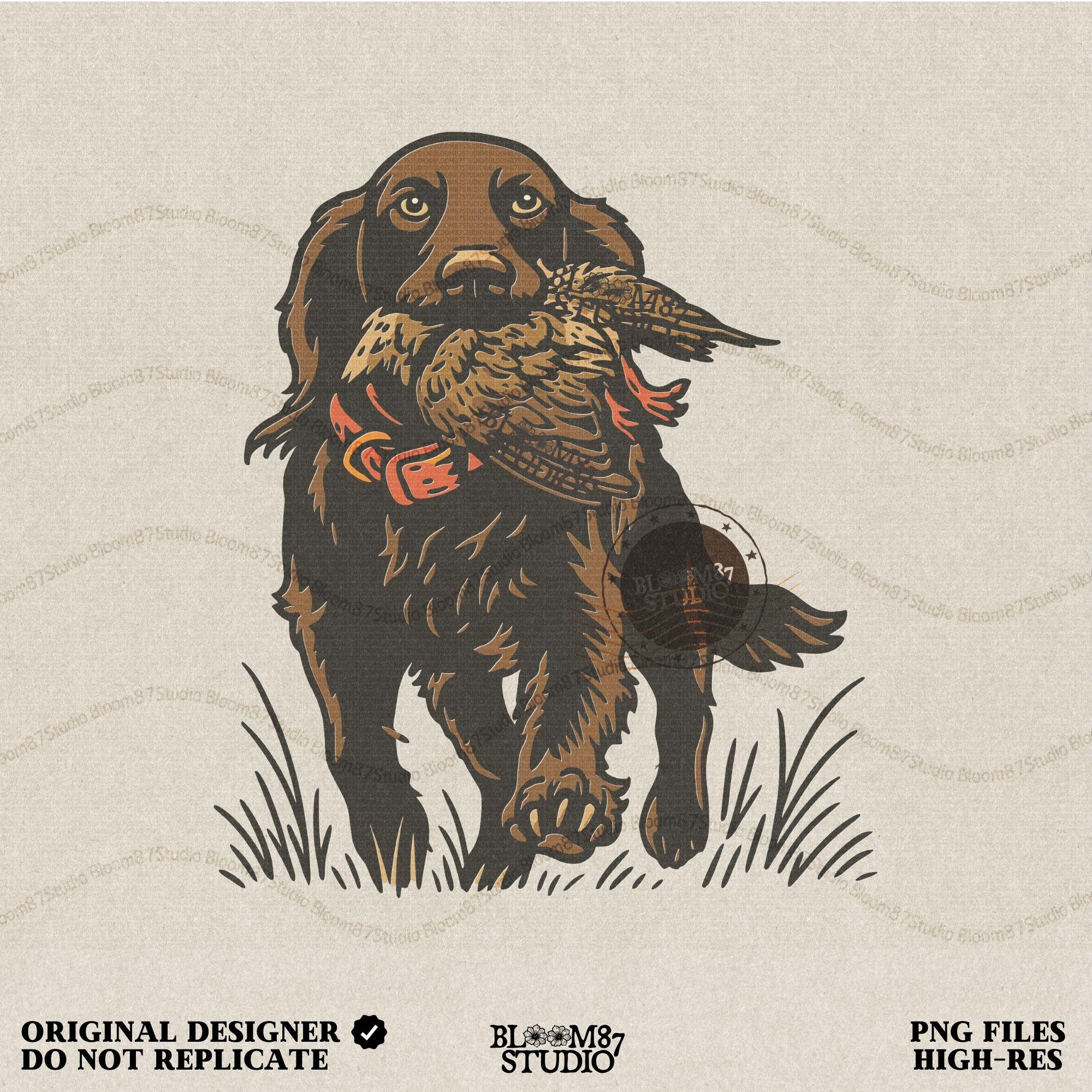 Illustration of a hunting retriever dog carrying a game bird in its mouth, rustic upland hunting sublimation PNG design.