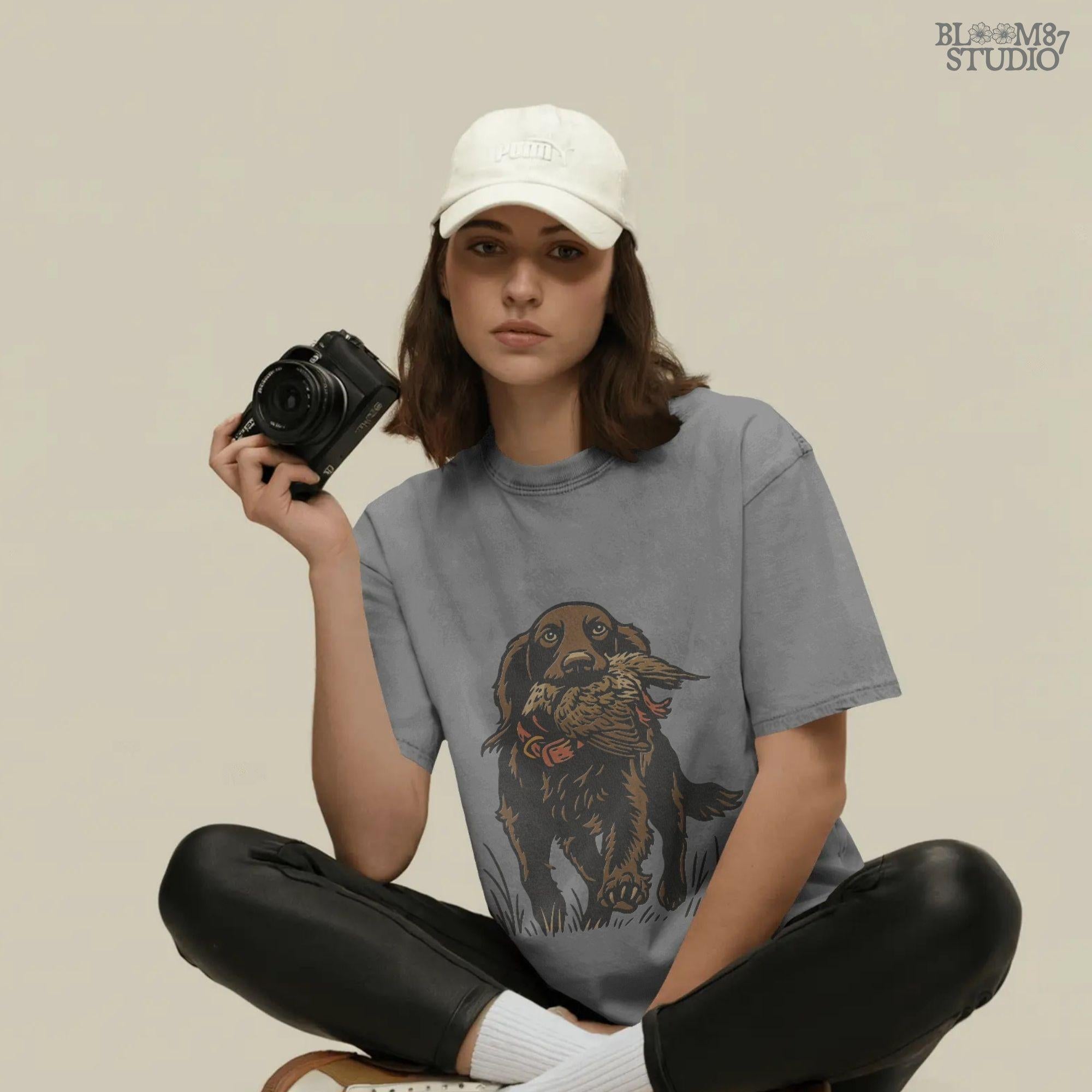 Illustration of a hunting retriever dog carrying a game bird in its mouth, rustic upland hunting sublimation PNG design.