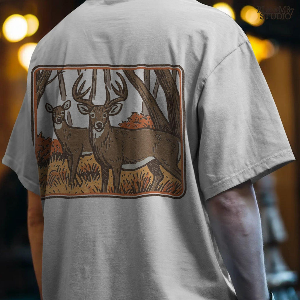Whitetail buck and doe standing in an autumn forest with orange foliage, fall hunting scene sublimation design