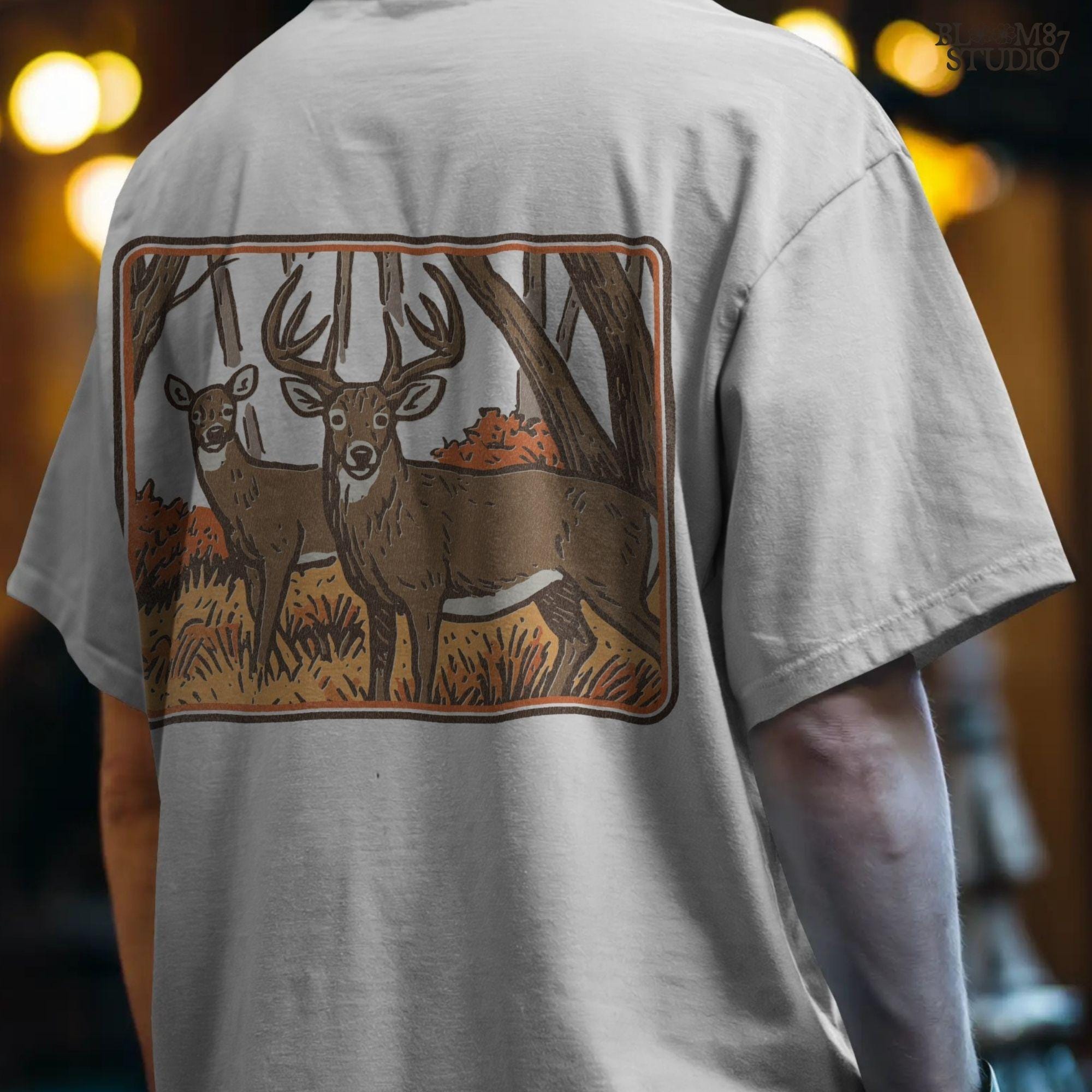 Whitetail buck and doe standing in an autumn forest with orange foliage, fall hunting scene sublimation design