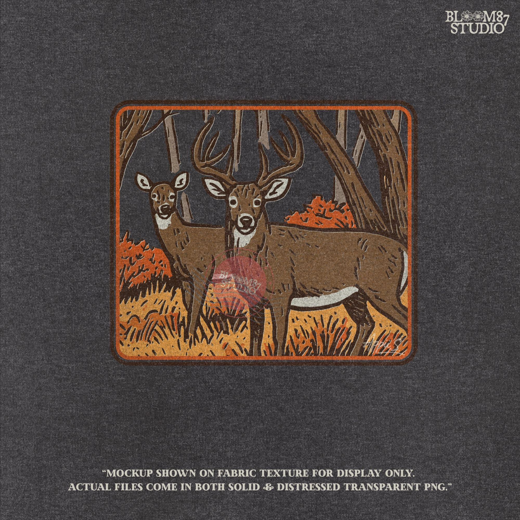 Whitetail buck and doe standing in an autumn forest with orange foliage, fall hunting scene sublimation design