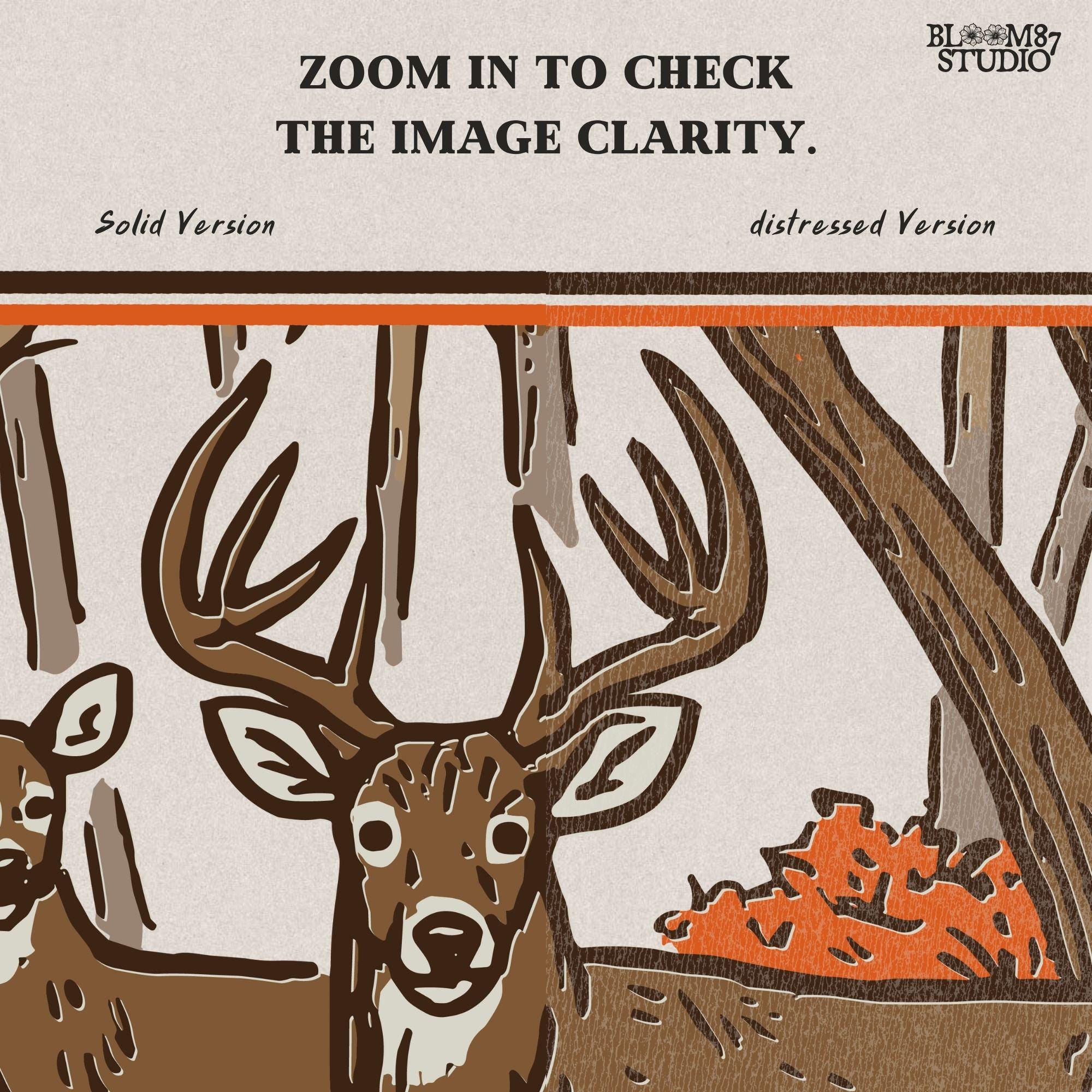 Whitetail buck and doe standing in an autumn forest with orange foliage, fall hunting scene sublimation design