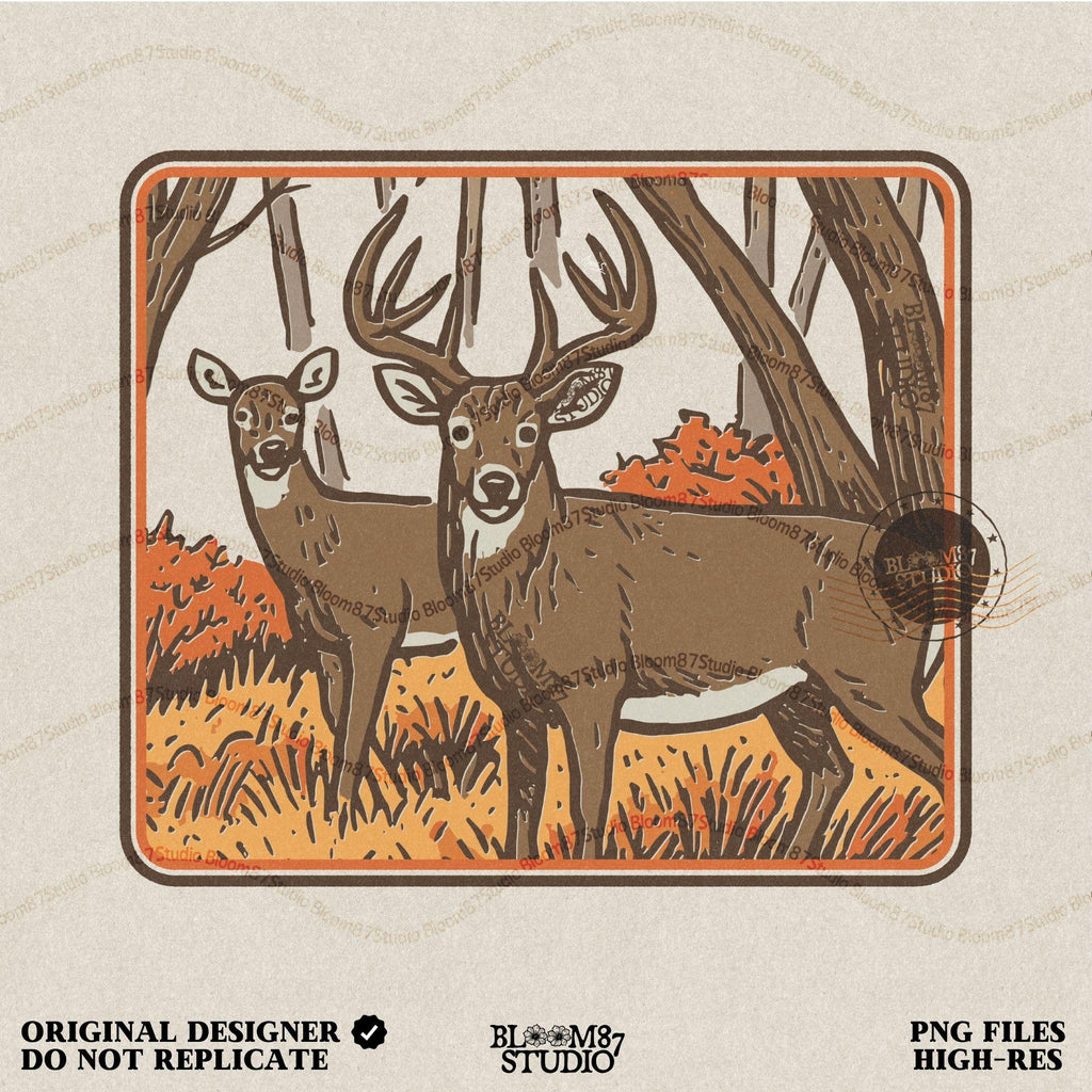 Whitetail buck and doe standing in an autumn forest with orange foliage, fall hunting scene sublimation design
