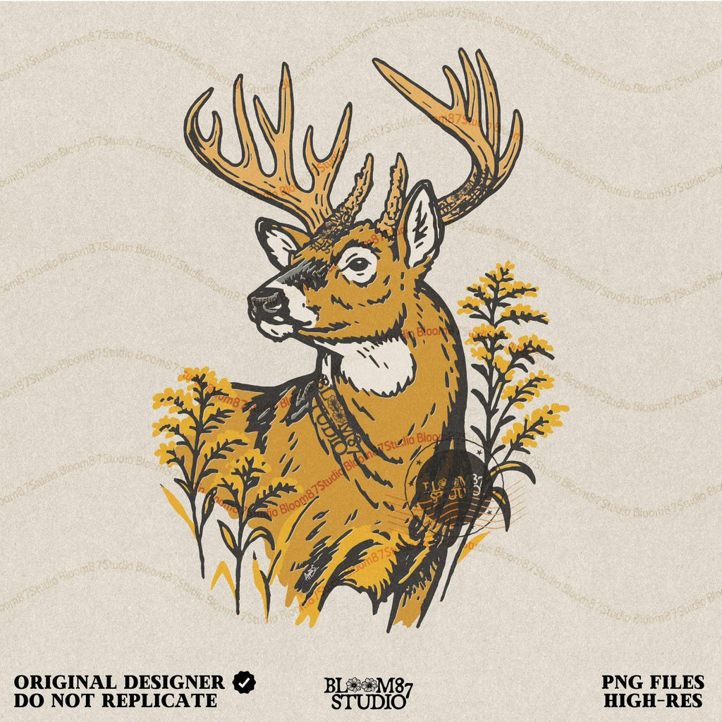 Whitetail buck with large antlers surrounded by goldenrod flowers, hunting season wildlife PNG sublimation design