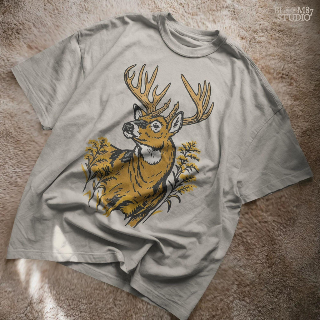 Whitetail buck with large antlers surrounded by goldenrod flowers, hunting season wildlife PNG sublimation design