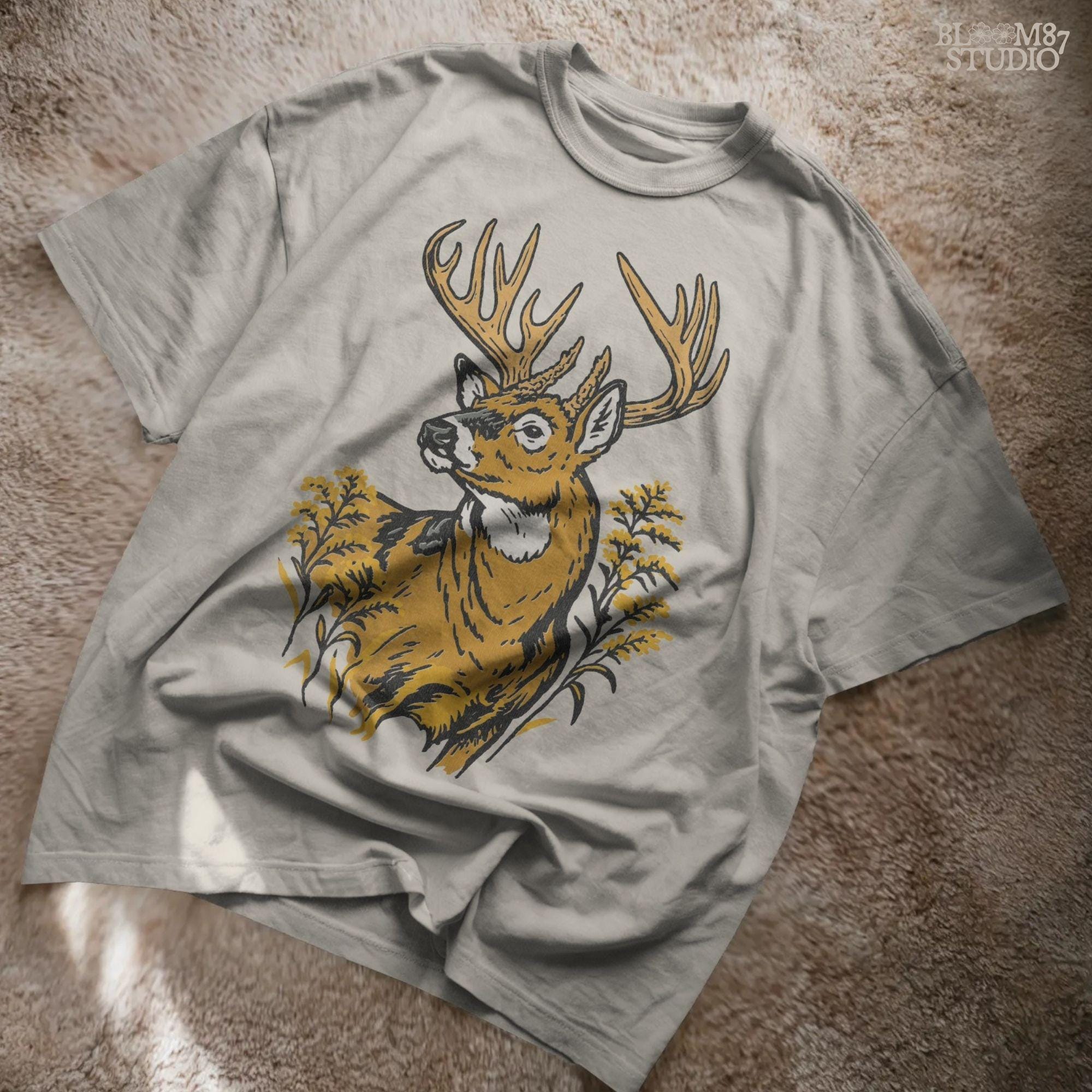Whitetail buck with large antlers surrounded by goldenrod flowers, hunting season wildlife PNG sublimation design