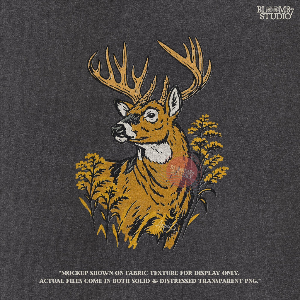 Whitetail buck with large antlers surrounded by goldenrod flowers, hunting season wildlife PNG sublimation design