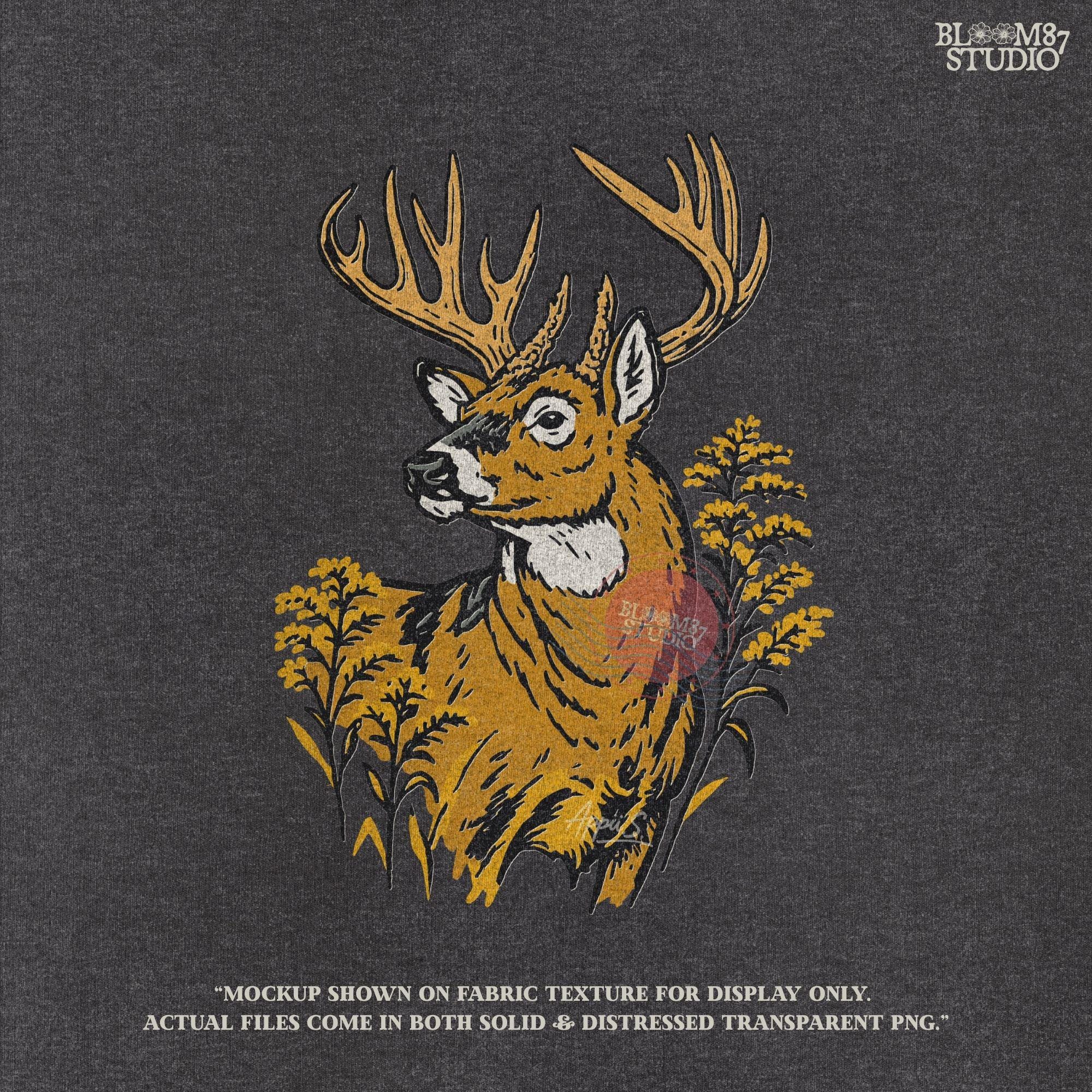 Whitetail buck with large antlers surrounded by goldenrod flowers, hunting season wildlife PNG sublimation design