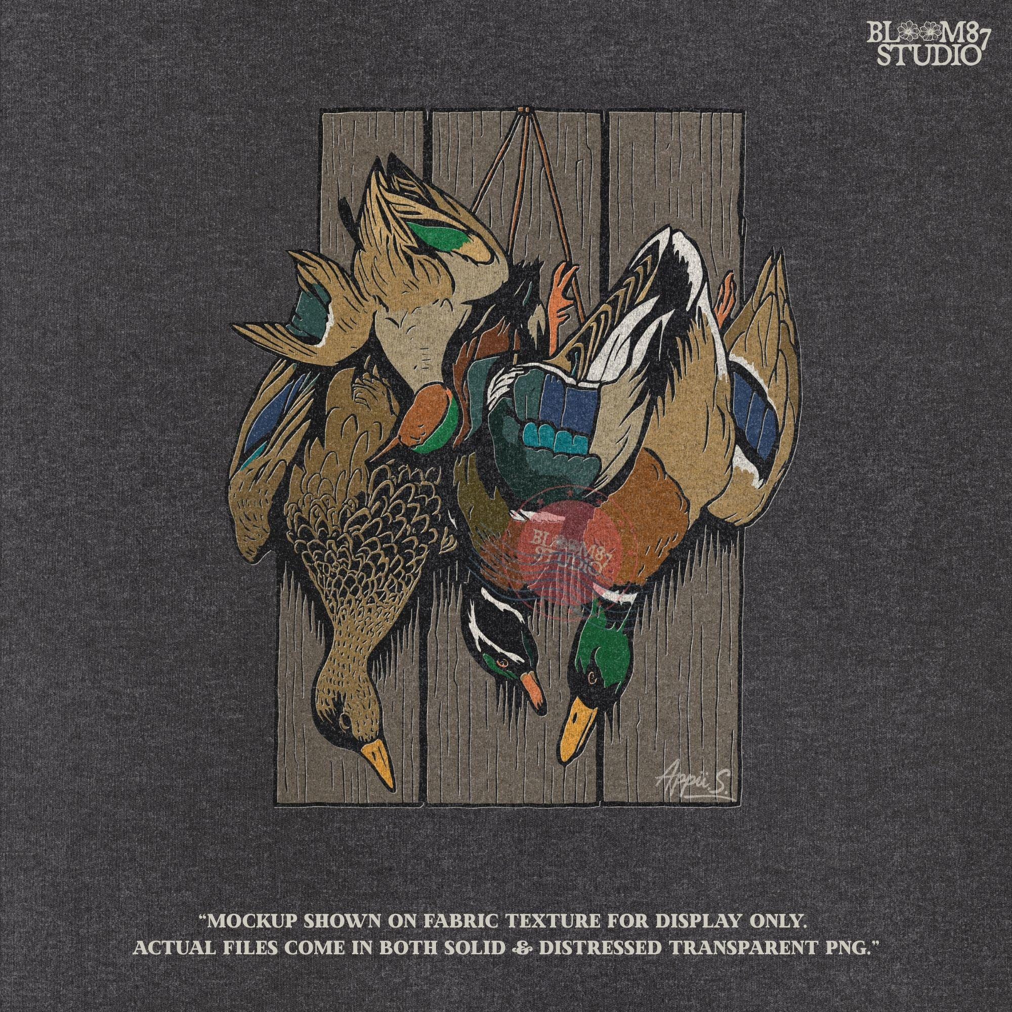 Realistic illustration of mallard drake and hen ducks hanging on rustic wooden planks, waterfowl hunting PNG sublimation design