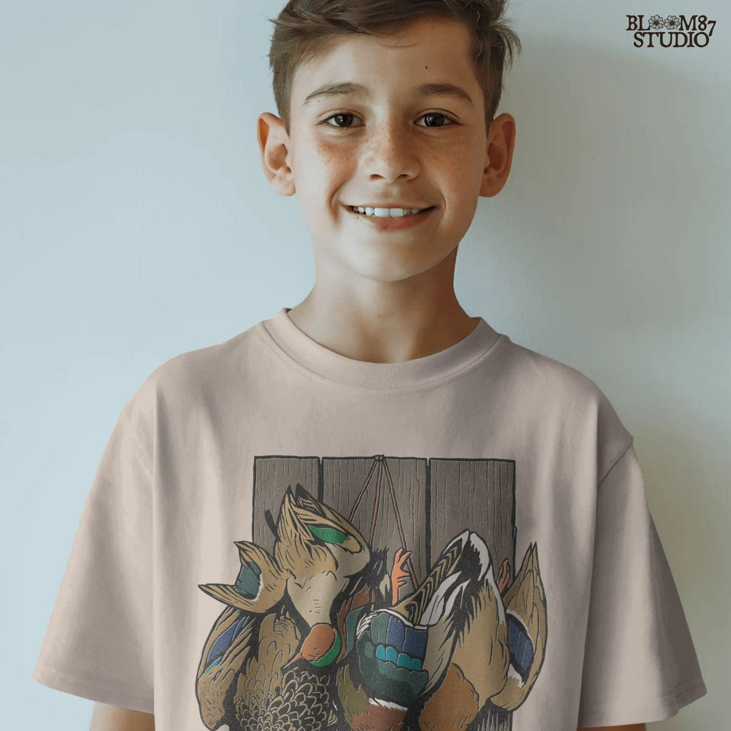 Realistic illustration of mallard drake and hen ducks hanging on rustic wooden planks, waterfowl hunting PNG sublimation design