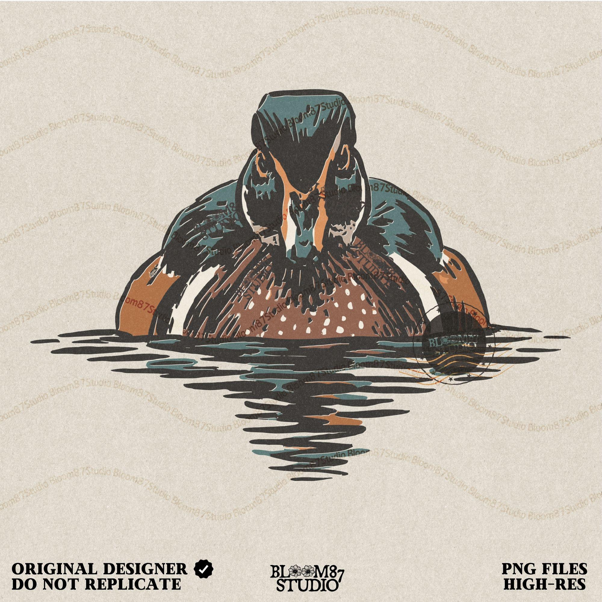 Illustration of a drake wood duck with chestnut, teal, and white plumage swimming on calm water, hunting-themed PNG sublimation design