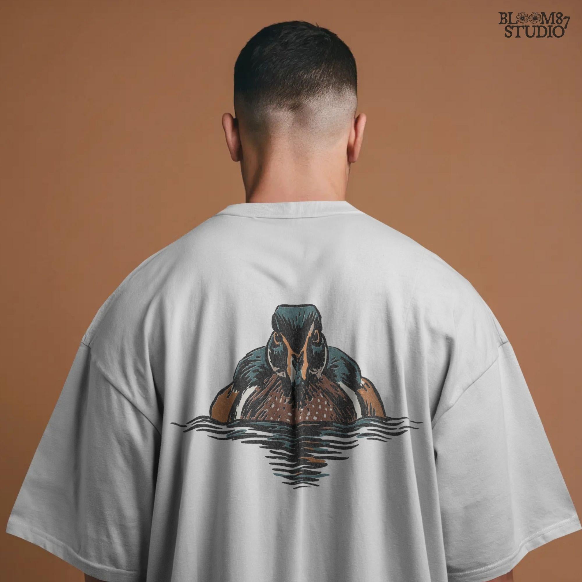 Illustration of a drake wood duck with chestnut, teal, and white plumage swimming on calm water, hunting-themed PNG sublimation design