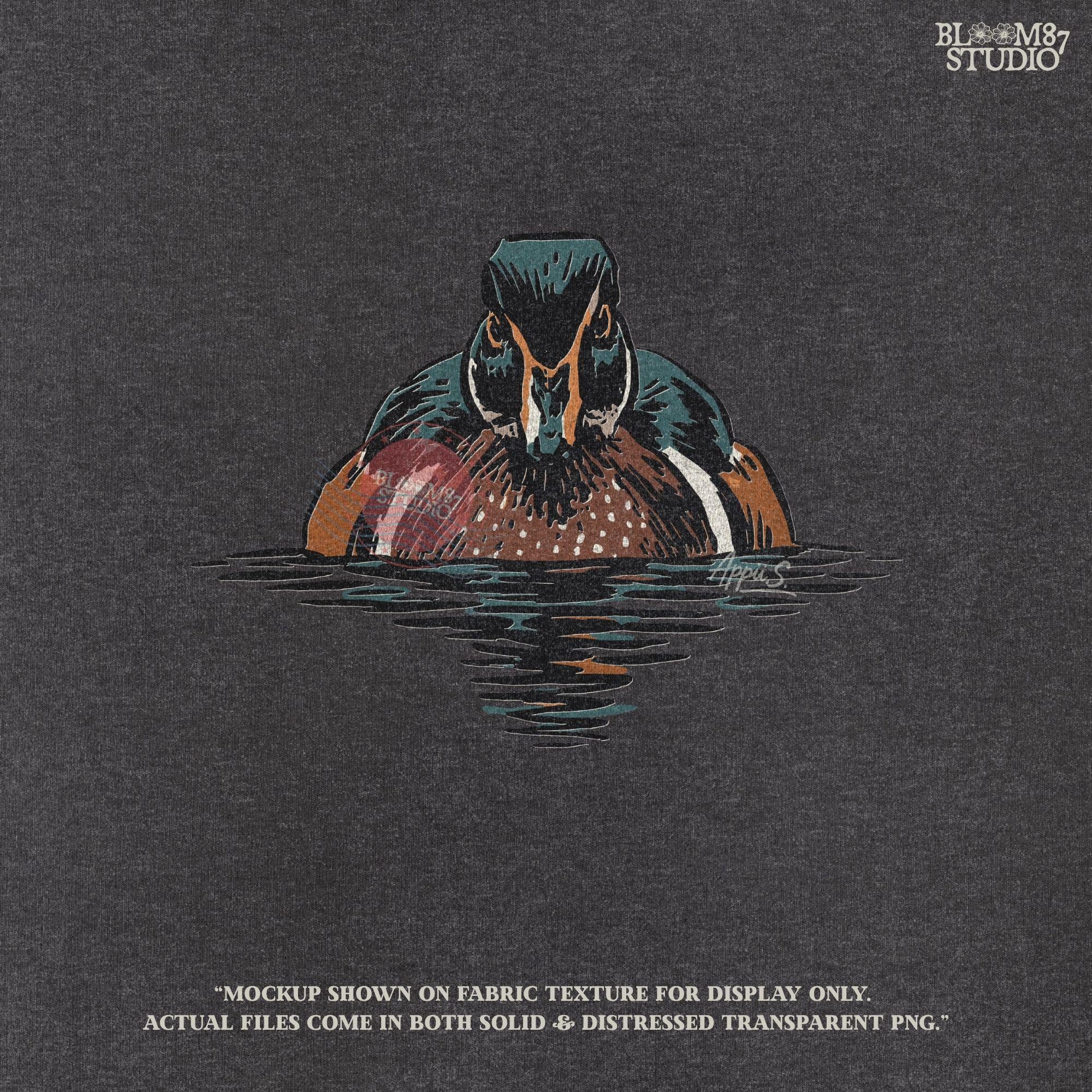 Illustration of a drake wood duck with chestnut, teal, and white plumage swimming on calm water, hunting-themed PNG sublimation design