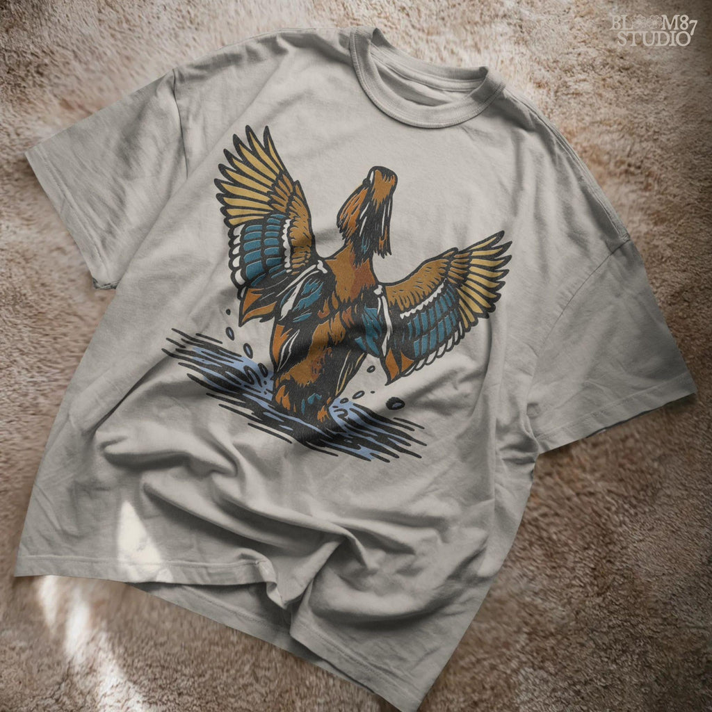Illustration of a drake wood duck flapping wings in water with vibrant blue, golden, and chestnut feathers, hunting-themed PNG sublimation design