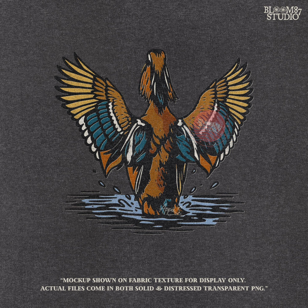 Illustration of a drake wood duck flapping wings in water with vibrant blue, golden, and chestnut feathers, hunting-themed PNG sublimation design