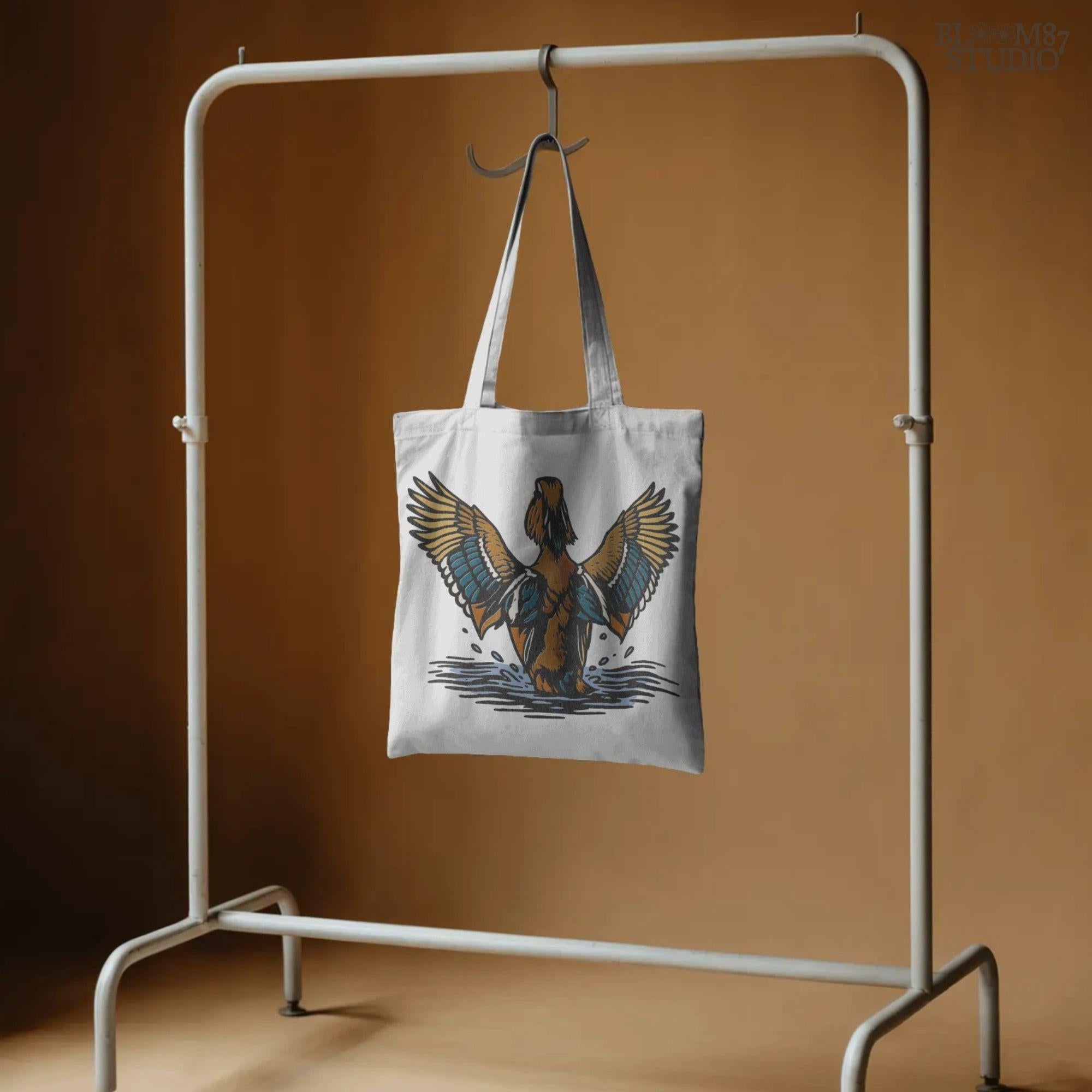 Illustration of a drake wood duck flapping wings in water with vibrant blue, golden, and chestnut feathers, hunting-themed PNG sublimation design