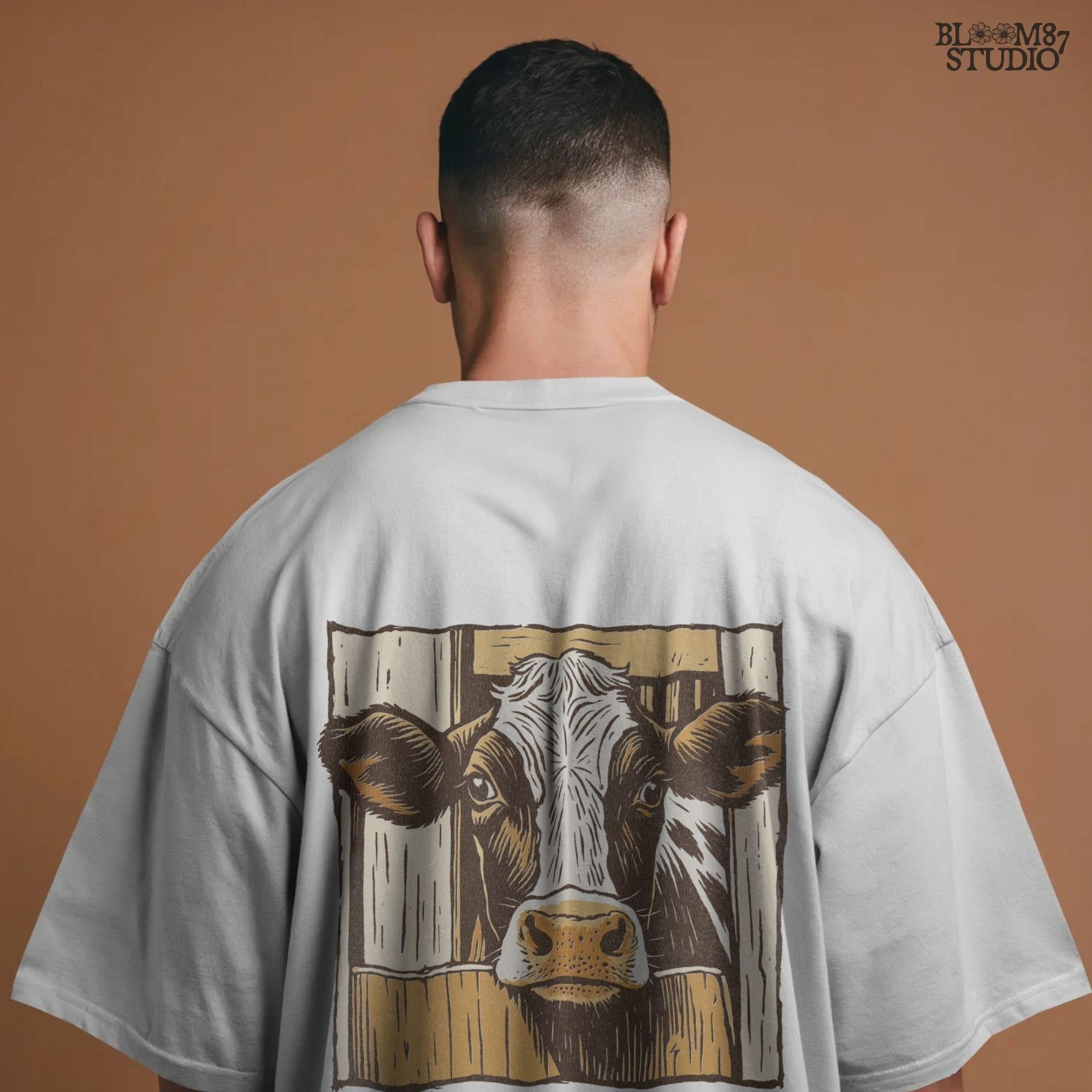 Illustration of a black-and-white dairy cow peeking through a rustic wooden barn door, farmhouse-style sublimation PNG design