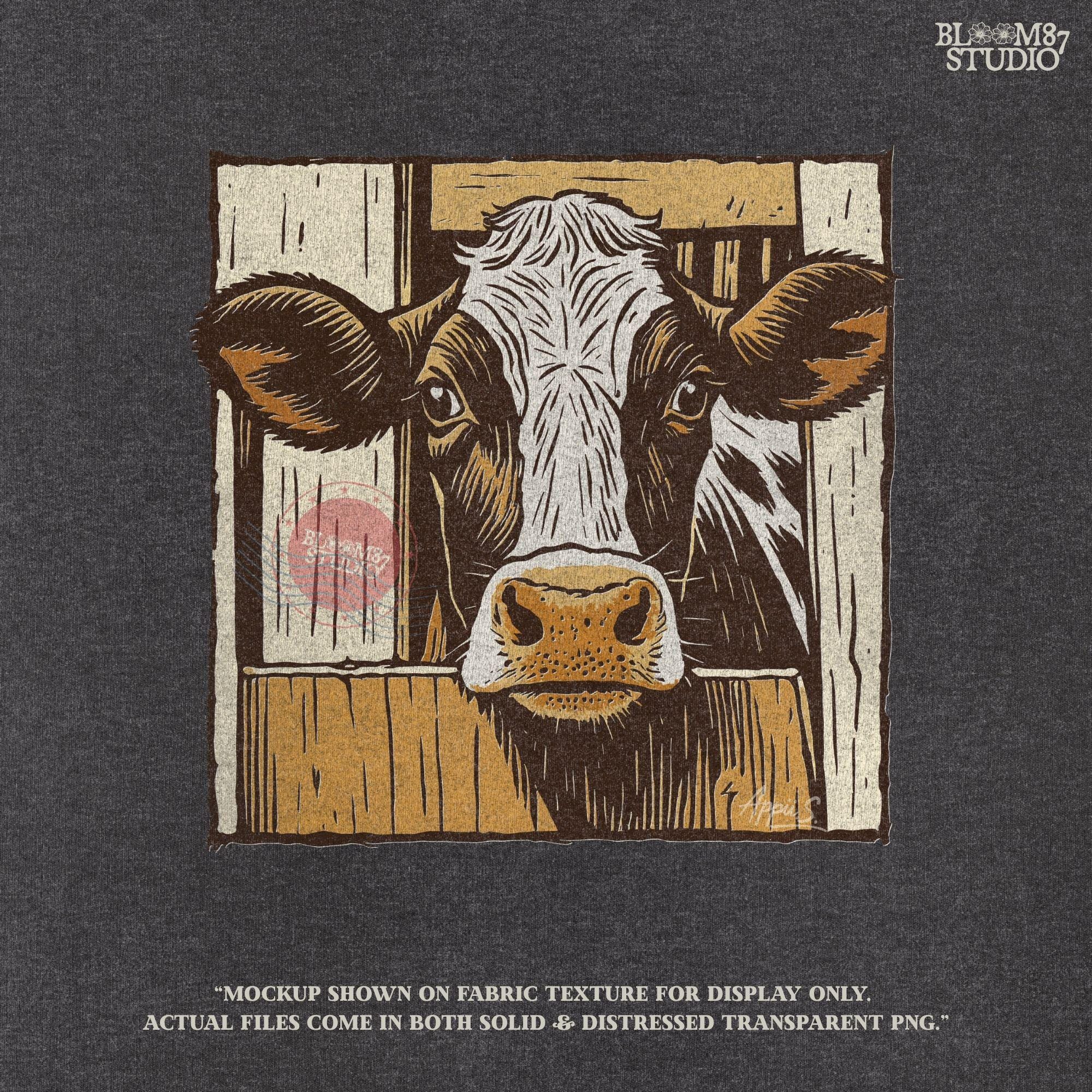 Illustration of a black-and-white dairy cow peeking through a rustic wooden barn door, farmhouse-style sublimation PNG design