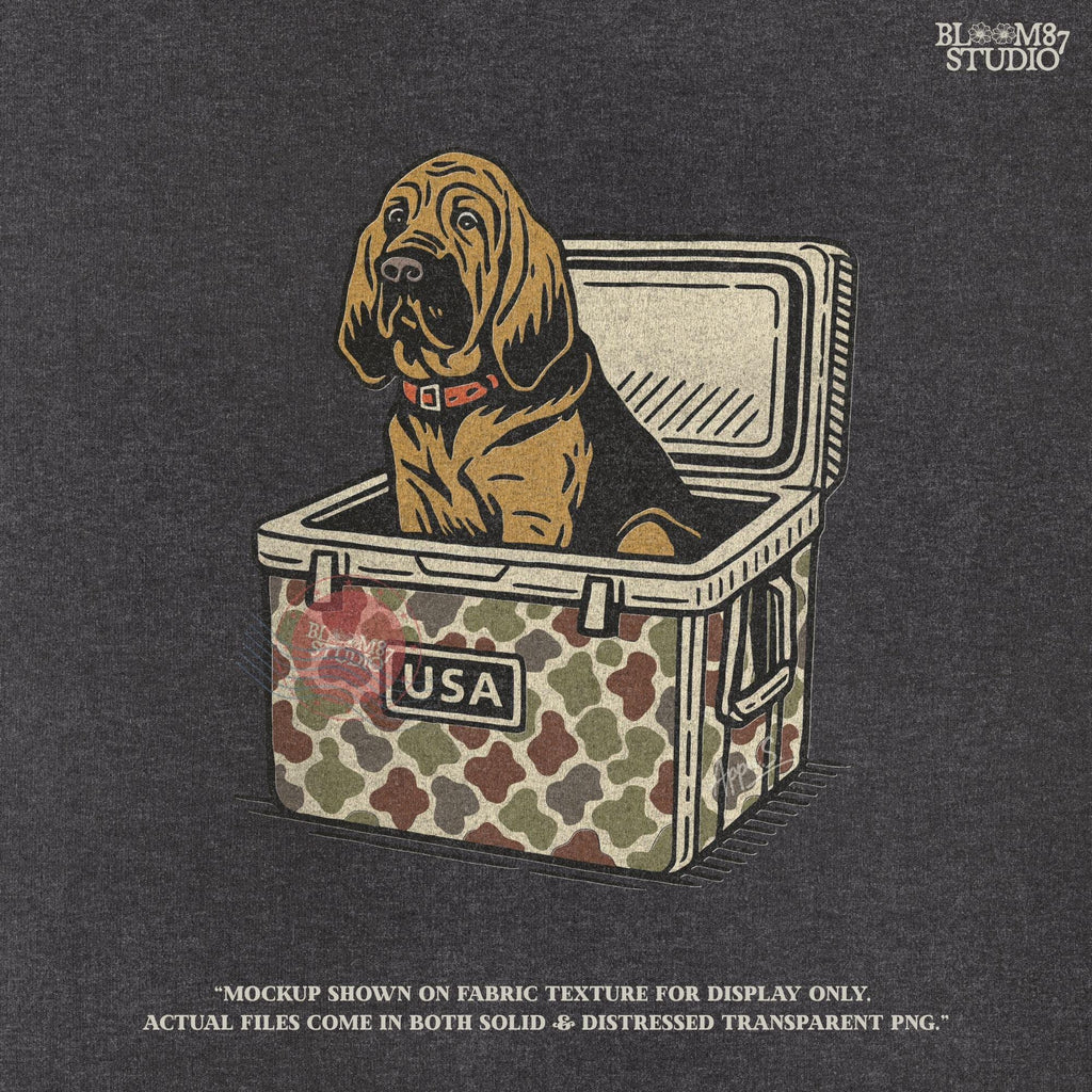 Illustration of a brown bloodhound dog sitting inside a camouflage cooler with “USA” label, hunting and outdoor-themed sublimation PNG design