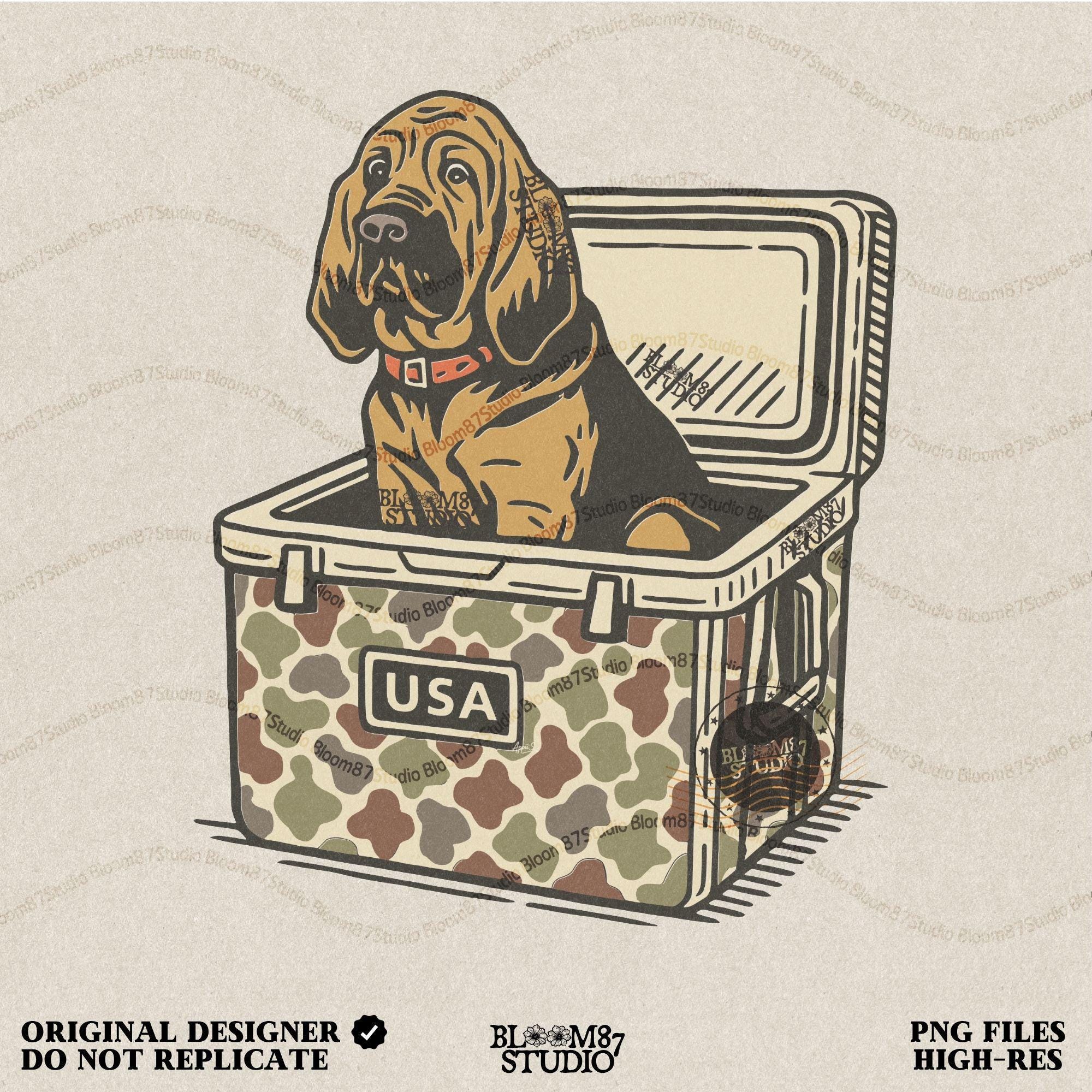 Illustration of a brown bloodhound dog sitting inside a camouflage cooler with “USA” label, hunting and outdoor-themed sublimation PNG design