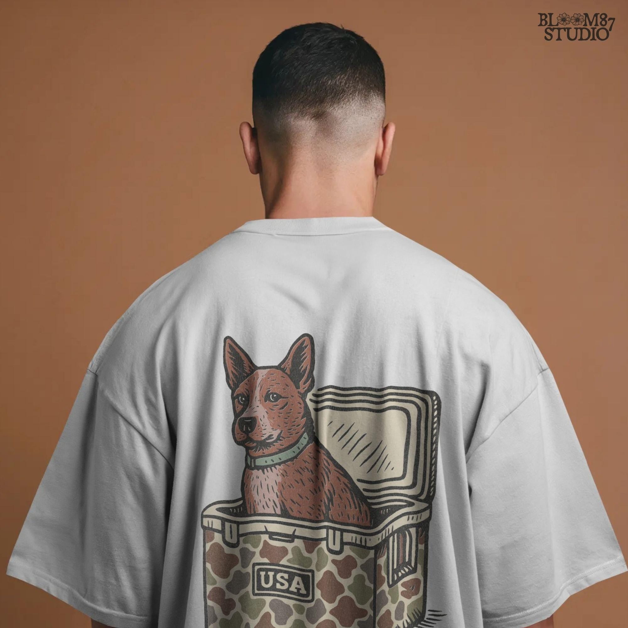 Illustration of an Australian Cattle Dog (Blue Heeler) sitting inside a camouflage cooler with “USA” label, rustic country-style sublimation PNG design