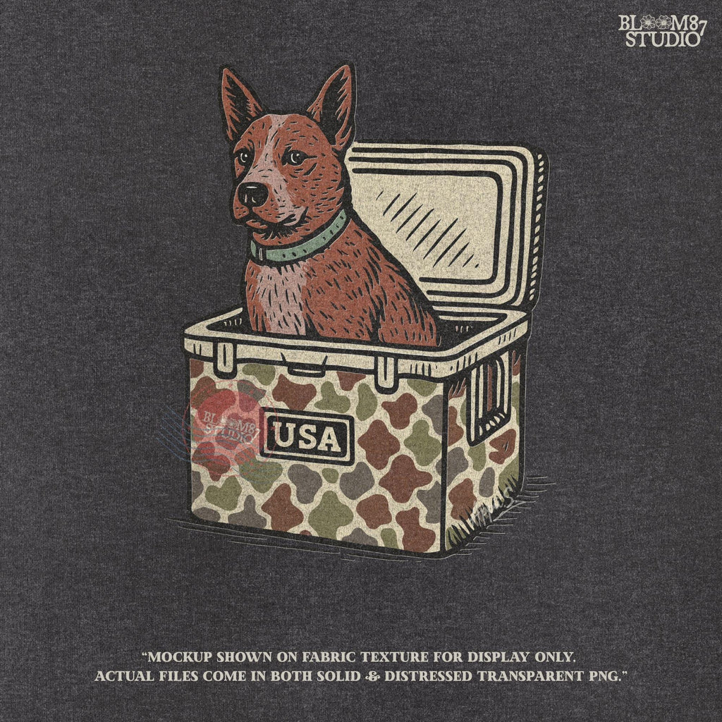 Illustration of an Australian Cattle Dog (Blue Heeler) sitting inside a camouflage cooler with “USA” label, rustic country-style sublimation PNG design
