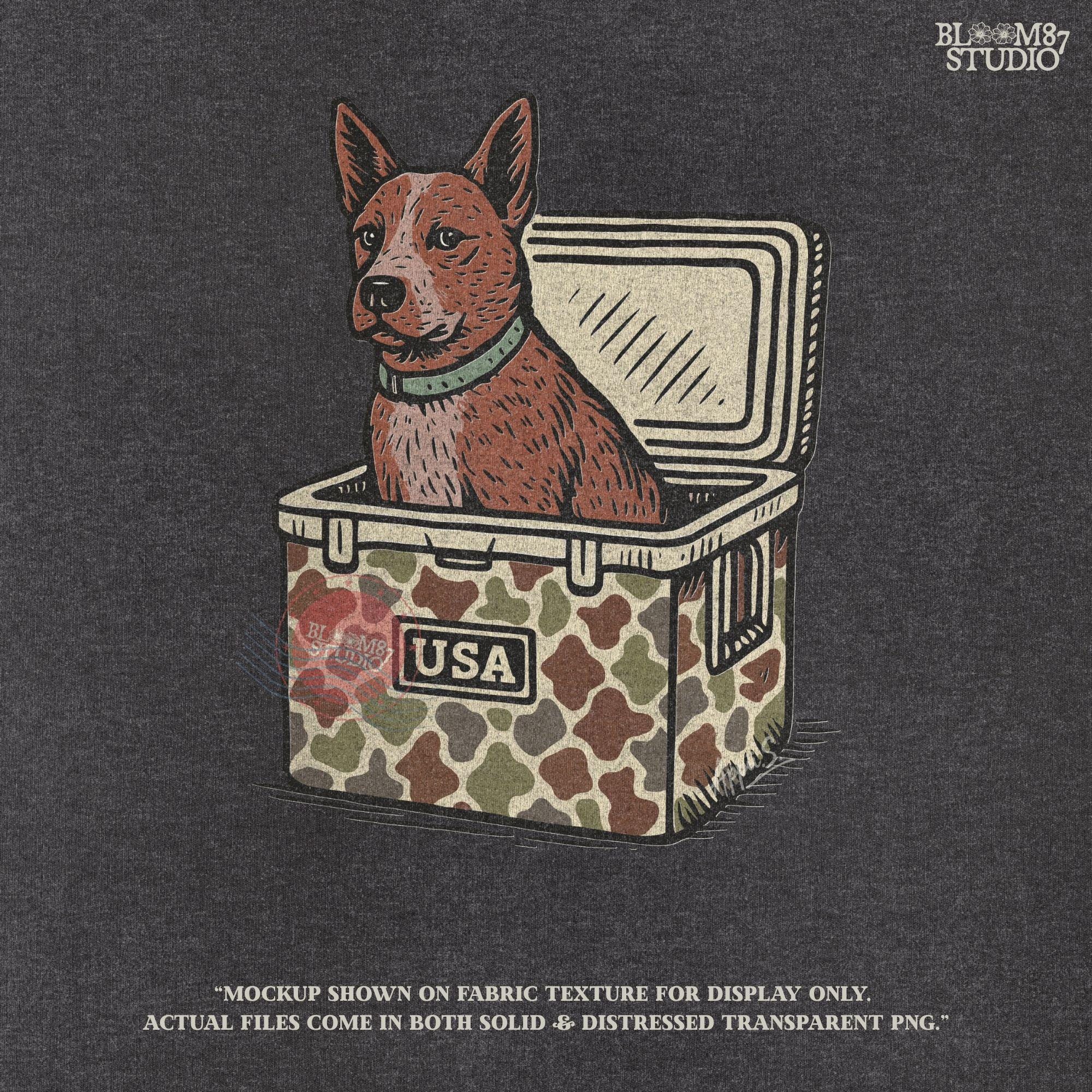 Illustration of an Australian Cattle Dog (Blue Heeler) sitting inside a camouflage cooler with “USA” label, rustic country-style sublimation PNG design