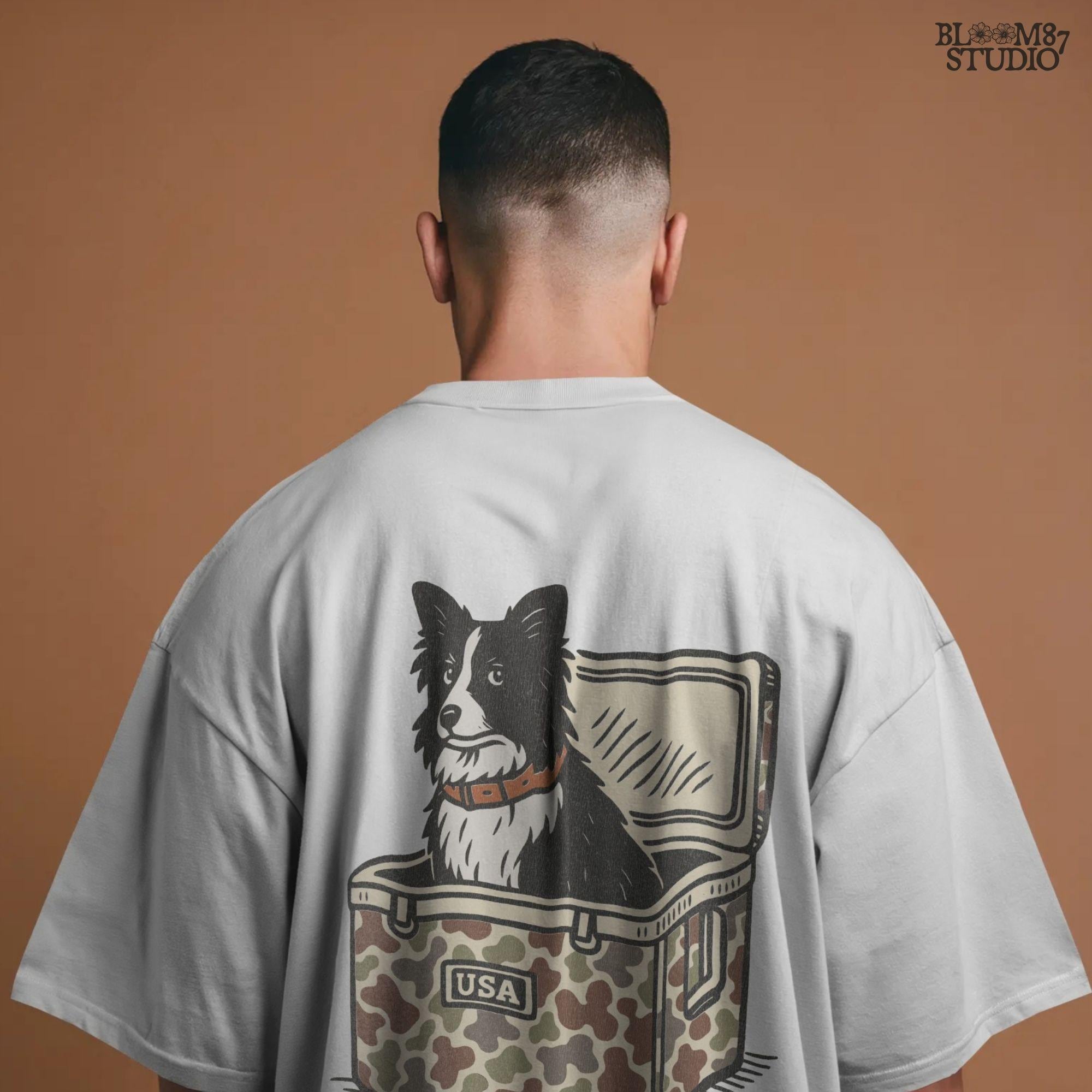 Illustration of a Border Collie sitting inside a camouflage cooler labeled “USA,” rustic farm and ranch-themed sublimation PNG design