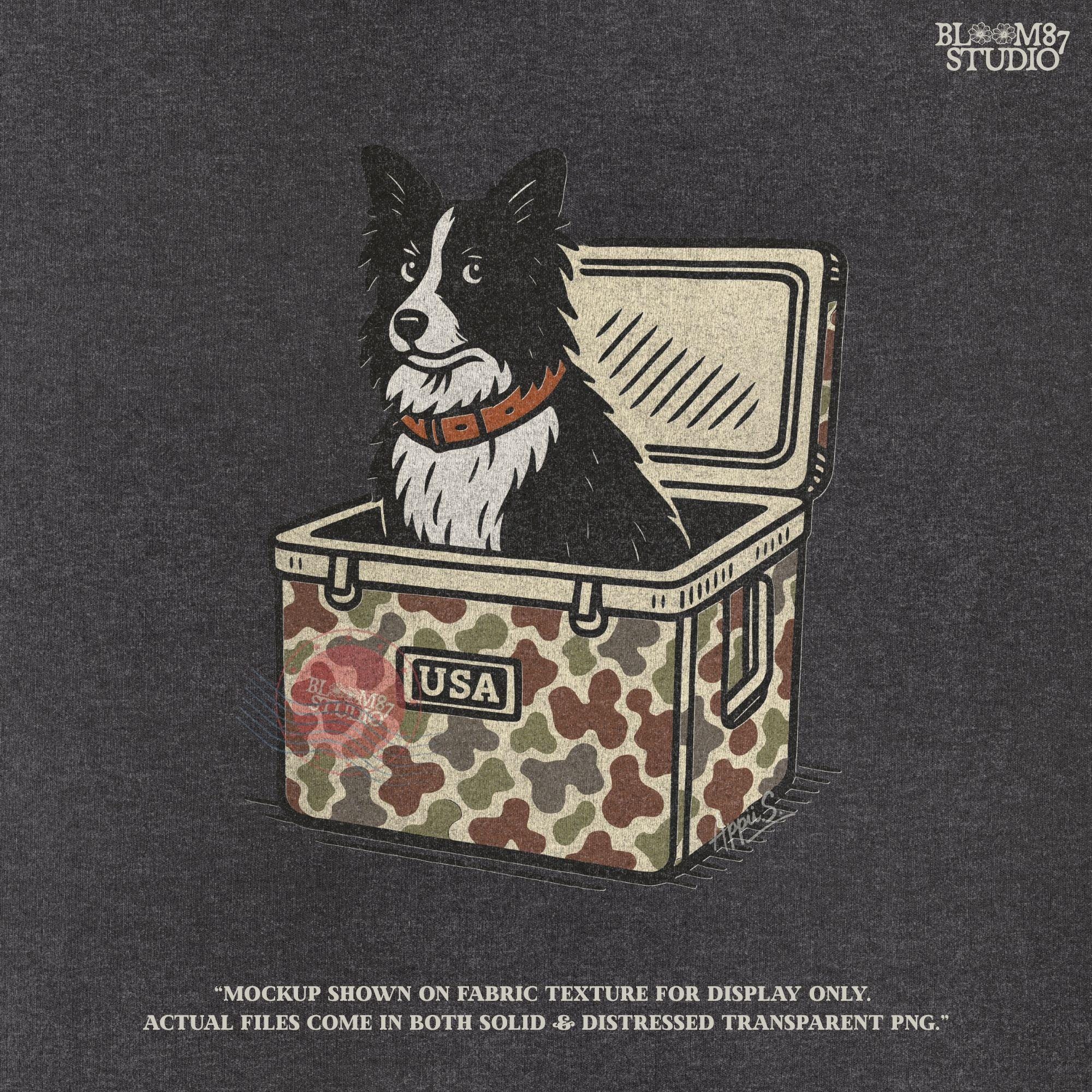 Illustration of a Border Collie sitting inside a camouflage cooler labeled “USA,” rustic farm and ranch-themed sublimation PNG design