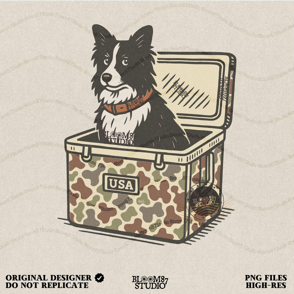 Illustration of a Border Collie sitting inside a camouflage cooler labeled “USA,” rustic farm and ranch-themed sublimation PNG design